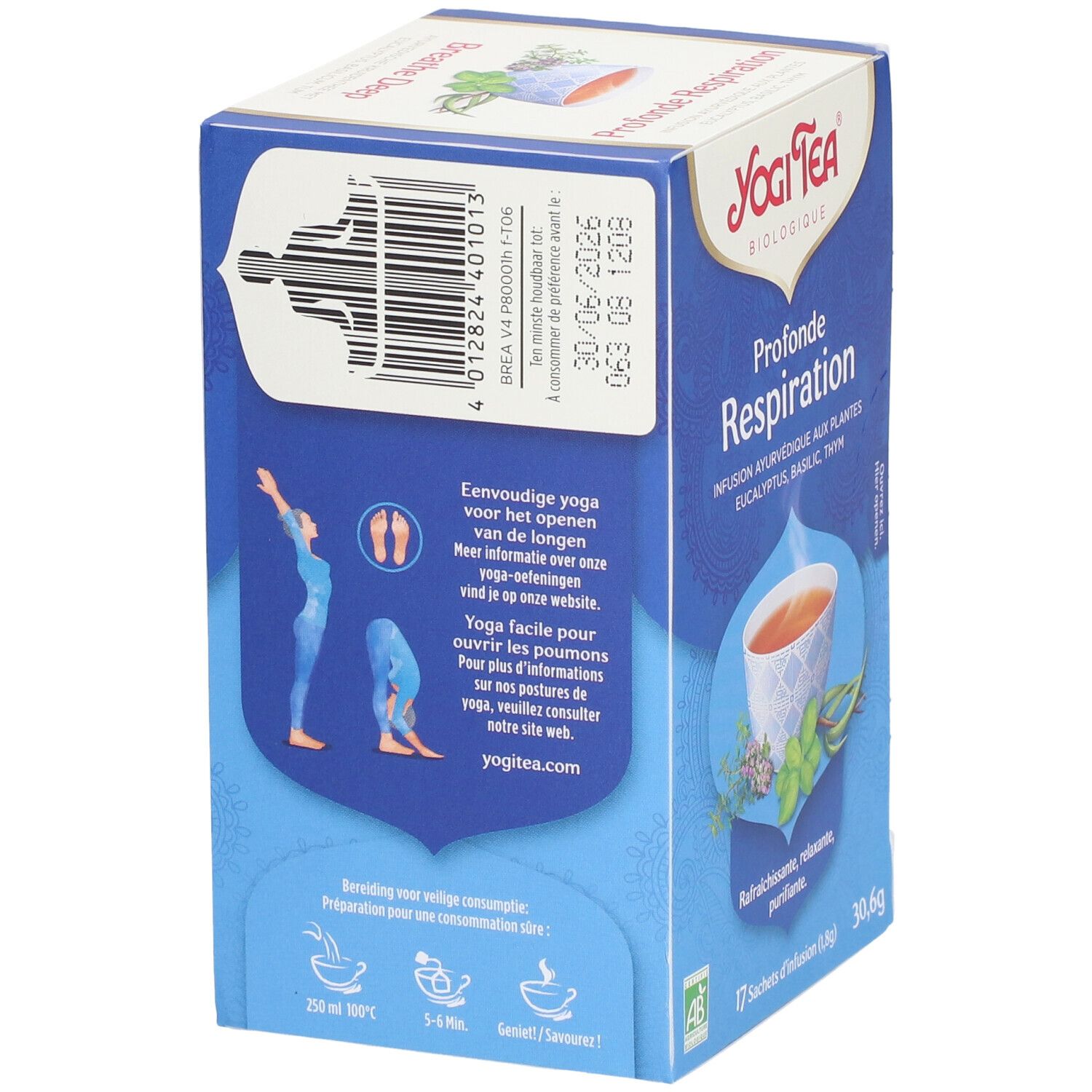 Dos de la boîte de thé Yogi Tea® Breathe Deep. Texte, illustrations de yoga, date de péremption, code-barres, 17 sachets, 30,6g.