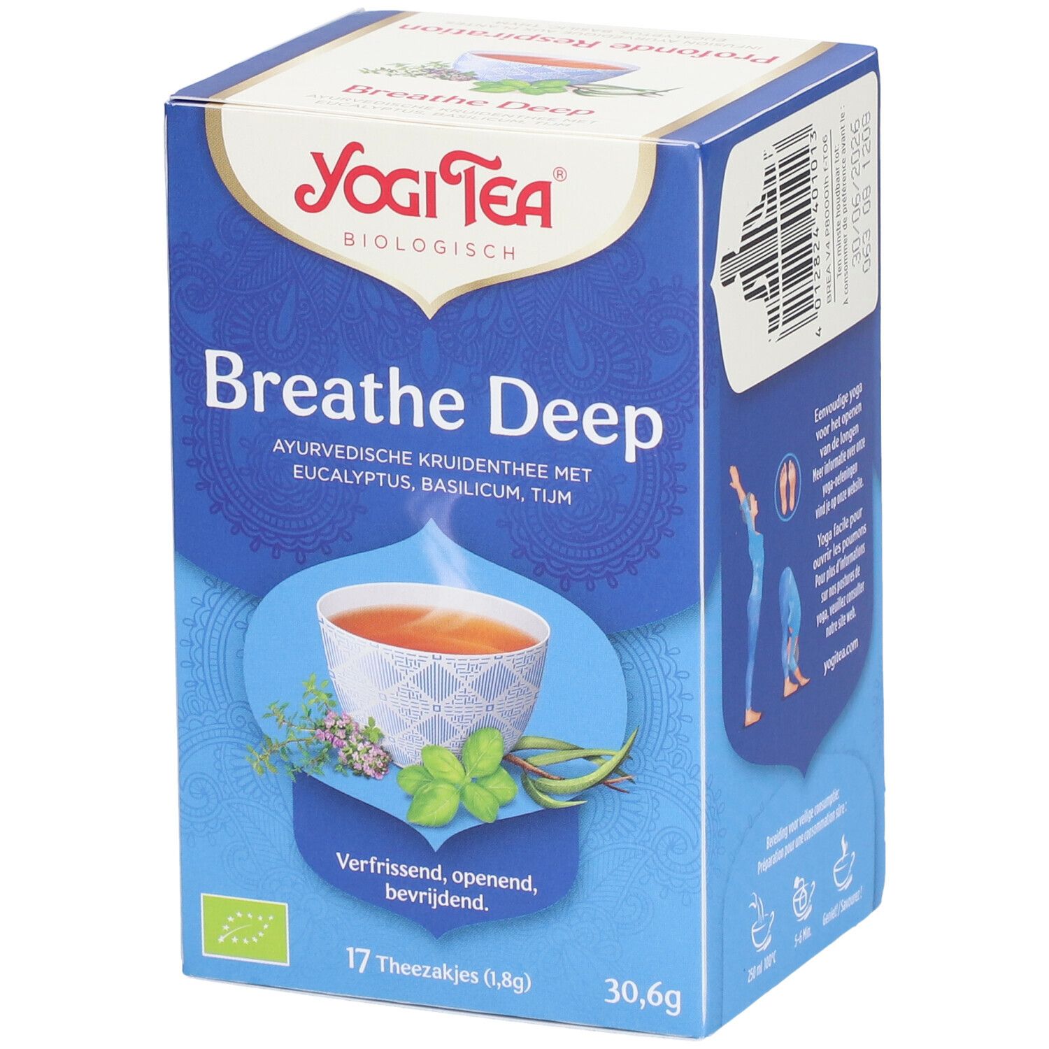 Boîte de thé Yogi Tea® Breathe Deep. Inscription : Breathe Deep, herbes, 17 sachets, 30,6g. Label bio.