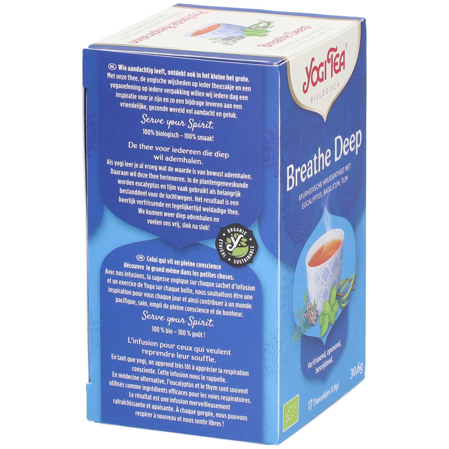 Dos de la boîte de thé Yogi Tea® Breathe Deep. Texte, label bio, 17 sachets, 30,6g.