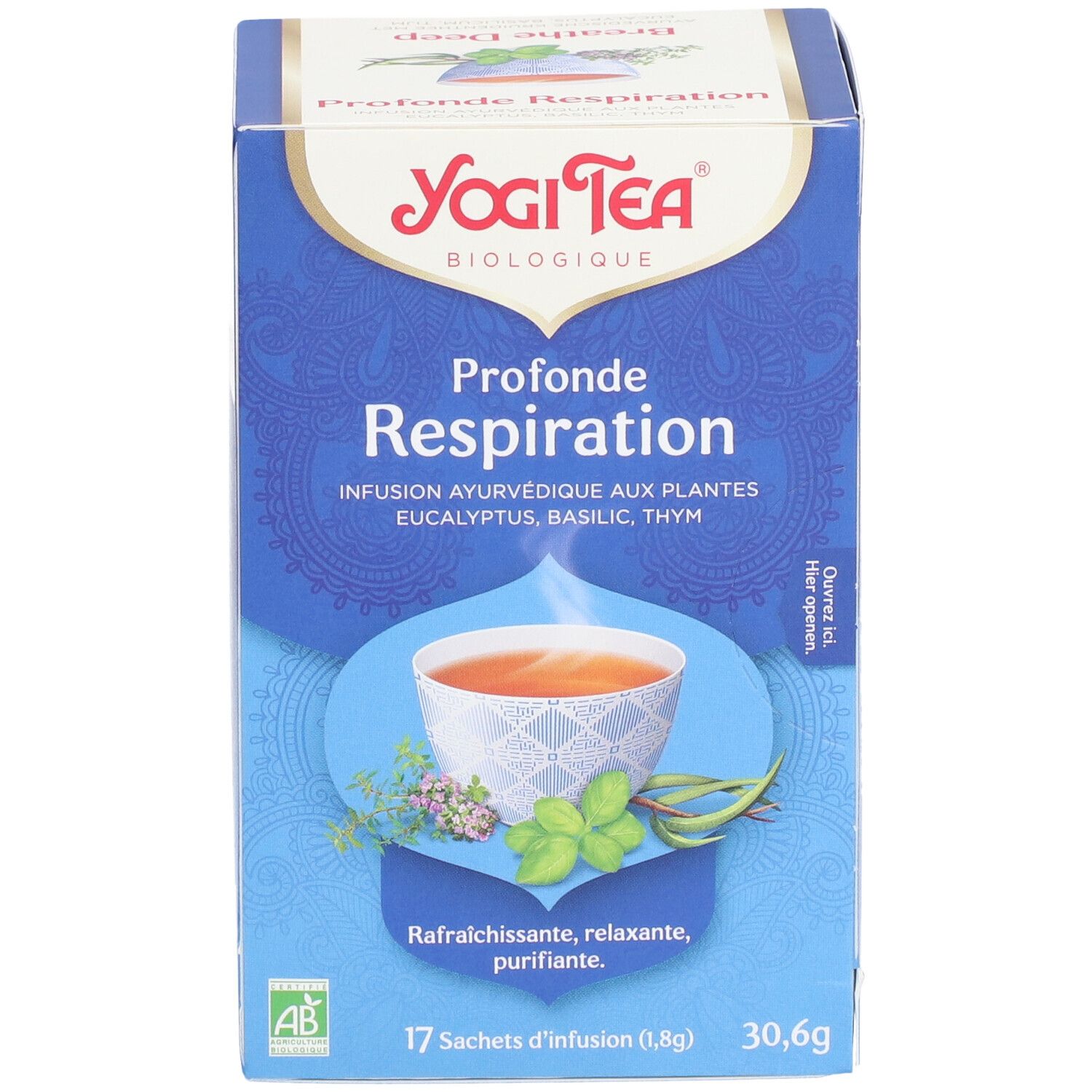 Boîte de thé Yogi Tea® Breathe Deep. Inscription : Profonde Respiration, herbes, 17 sachets, 30,6g. Label AB Bio.