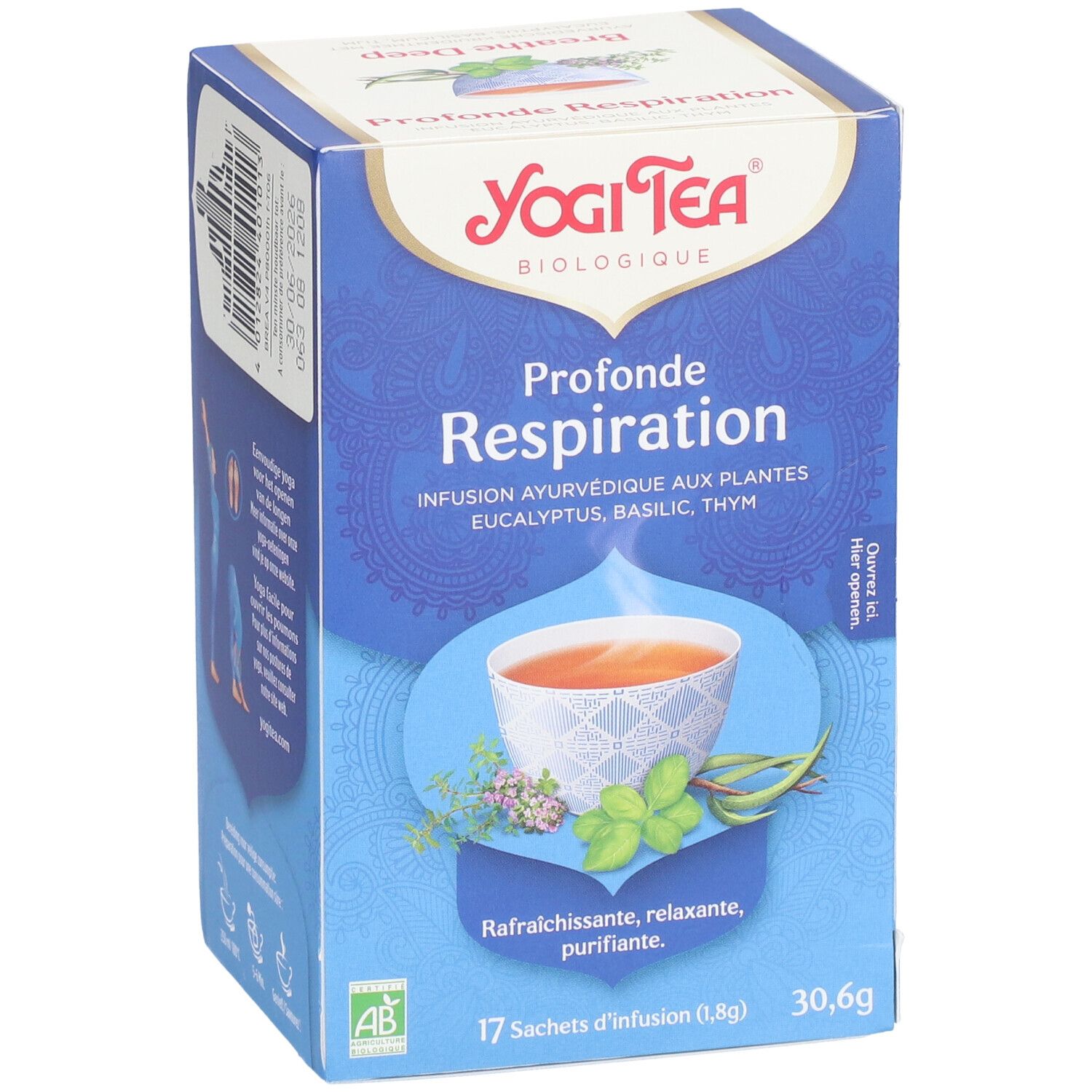 Boîte de thé Yogi Tea® Breathe Deep. Inscription : Profonde Respiration, herbes, 17 sachets, 30,6g. Label AB Bio.