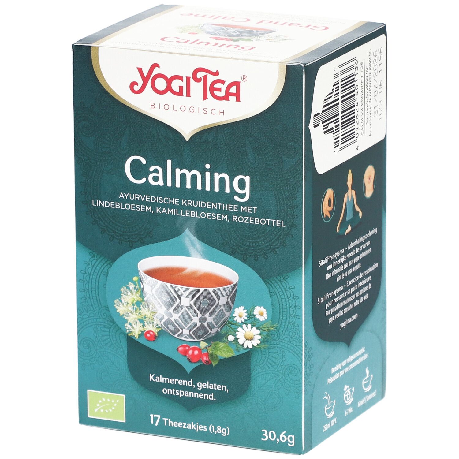 Yogi Tea® Calming Schachtel, grün-türkis. Abbildung einer Teetasse. Text: Calming, 17 Teebeutel, 30,6g. Bio-Siegel.