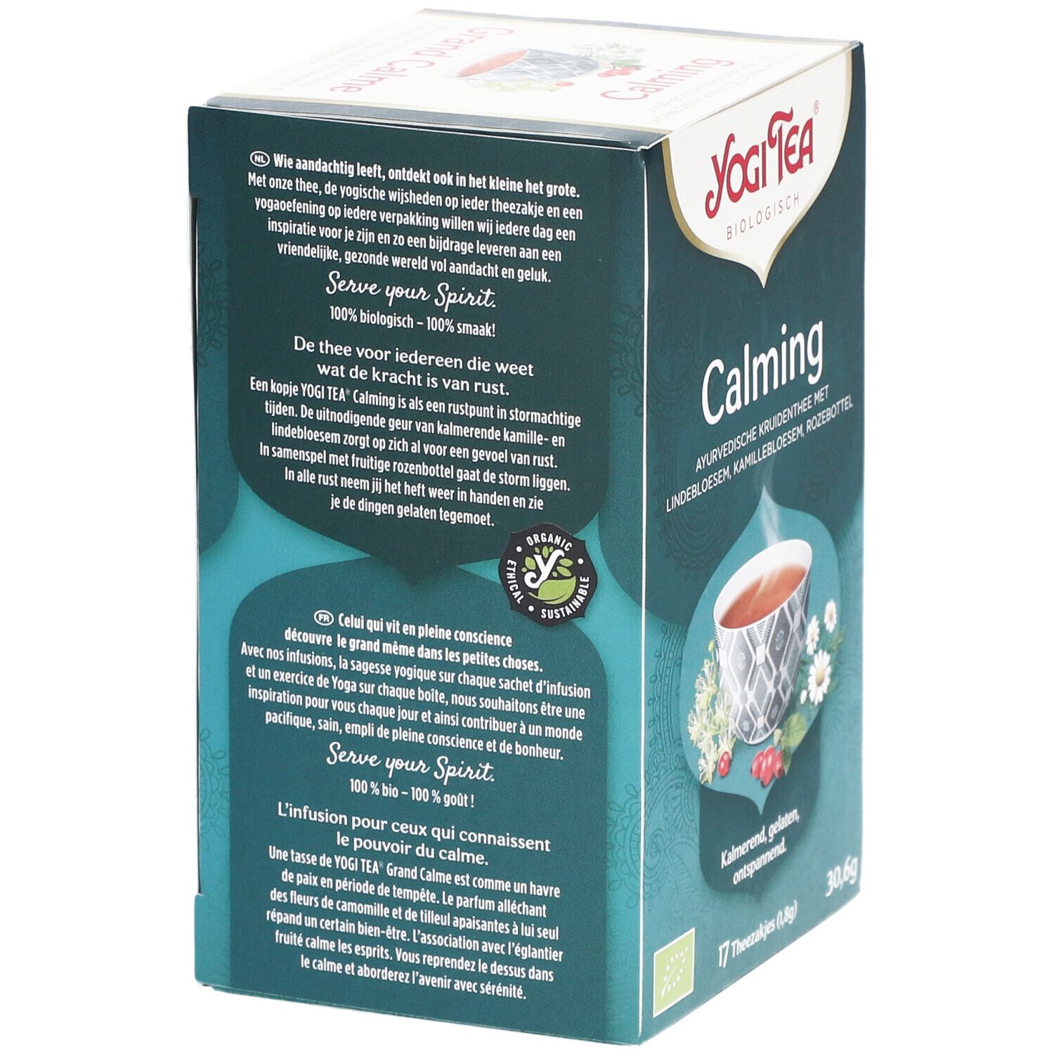 Rückseite der Yogi Tea® Calming Schachtel. Text in Deutsch, Französisch und Niederländisch. Yogi-Logo, Bio-Siegel, 100% Bio.