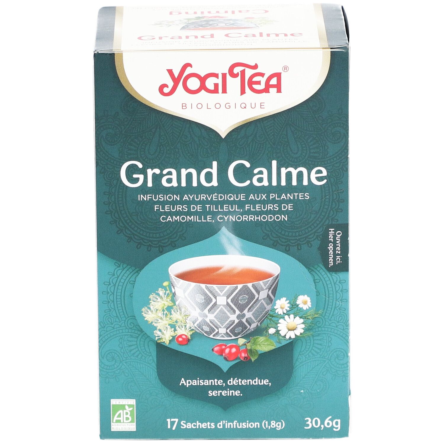 Yogi Tea® Grand Calme Schachtel, grün-türkis. Abbildung einer Teetasse. Text: Grand Calme, 17 Beutel, 30,6g. AB-Bio-Siegel.