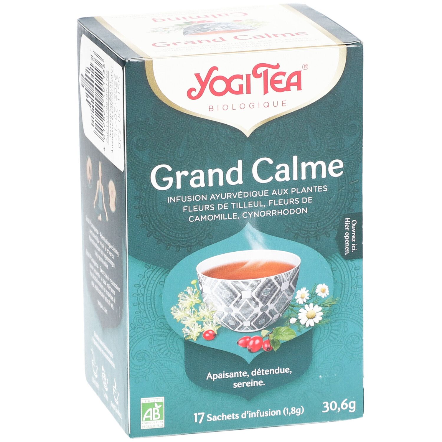 Yogi Tea® Grand Calme Schachtel, grün-türkis. Abbildung einer Teetasse. Text: Grand Calme, 17 Beutel, 30,6g. AB-Bio-Siegel.