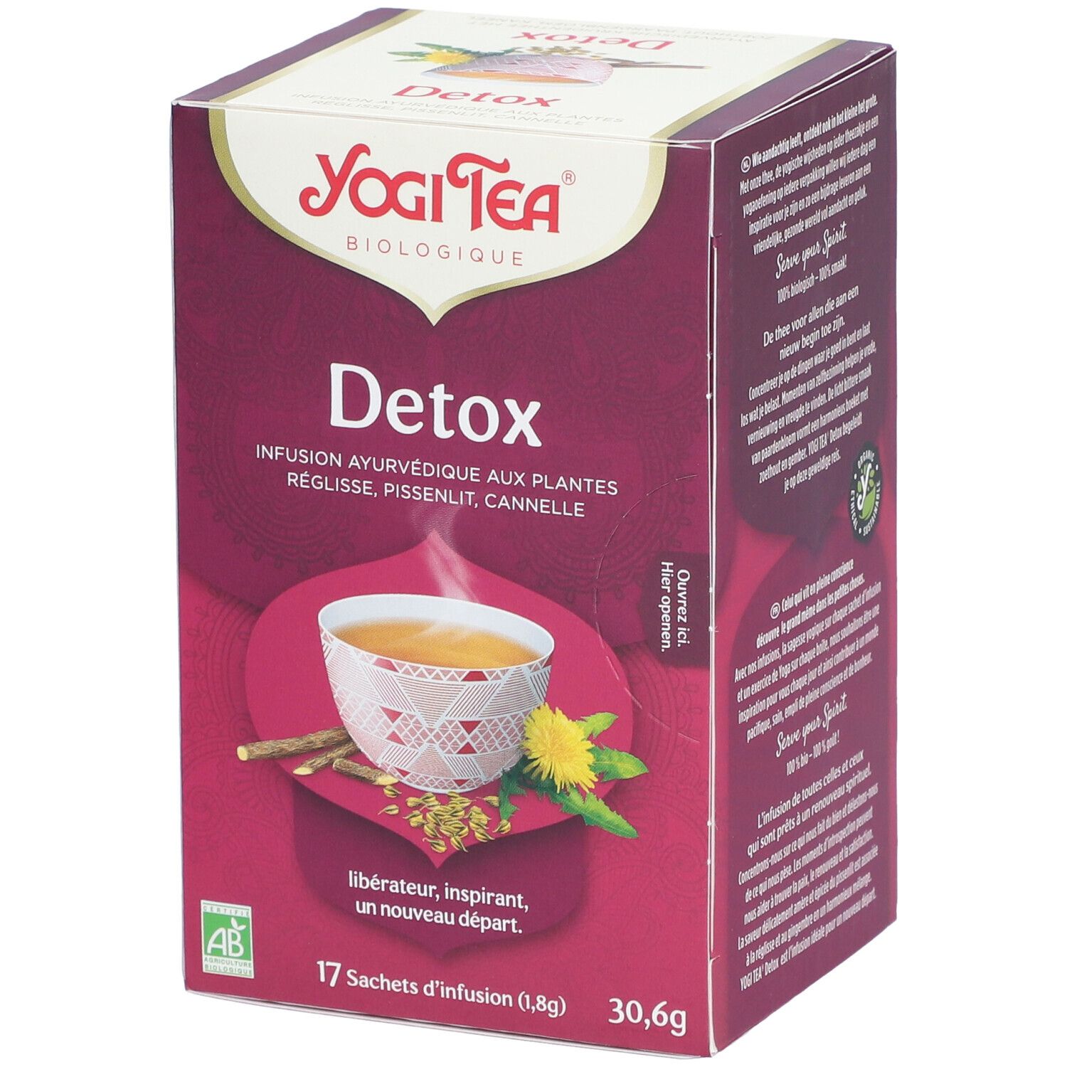 Boîte Yogi Tea® Detox. Inscription: Detox, 17 sachets, 30,6g. Illustration: tasse de thé, herbes, fleurs. Logo: AB-Bio.
