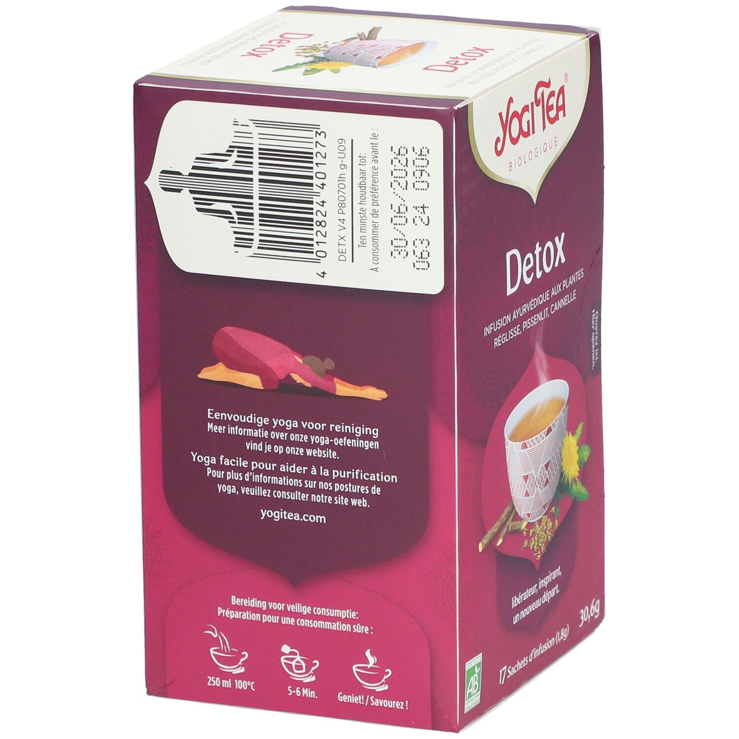 Dos de la boîte Yogi Tea® Detox. Inscription: Detox, code-barres, date de péremption. Illustration: figure de yoga. Logo: Yogi Tea®.