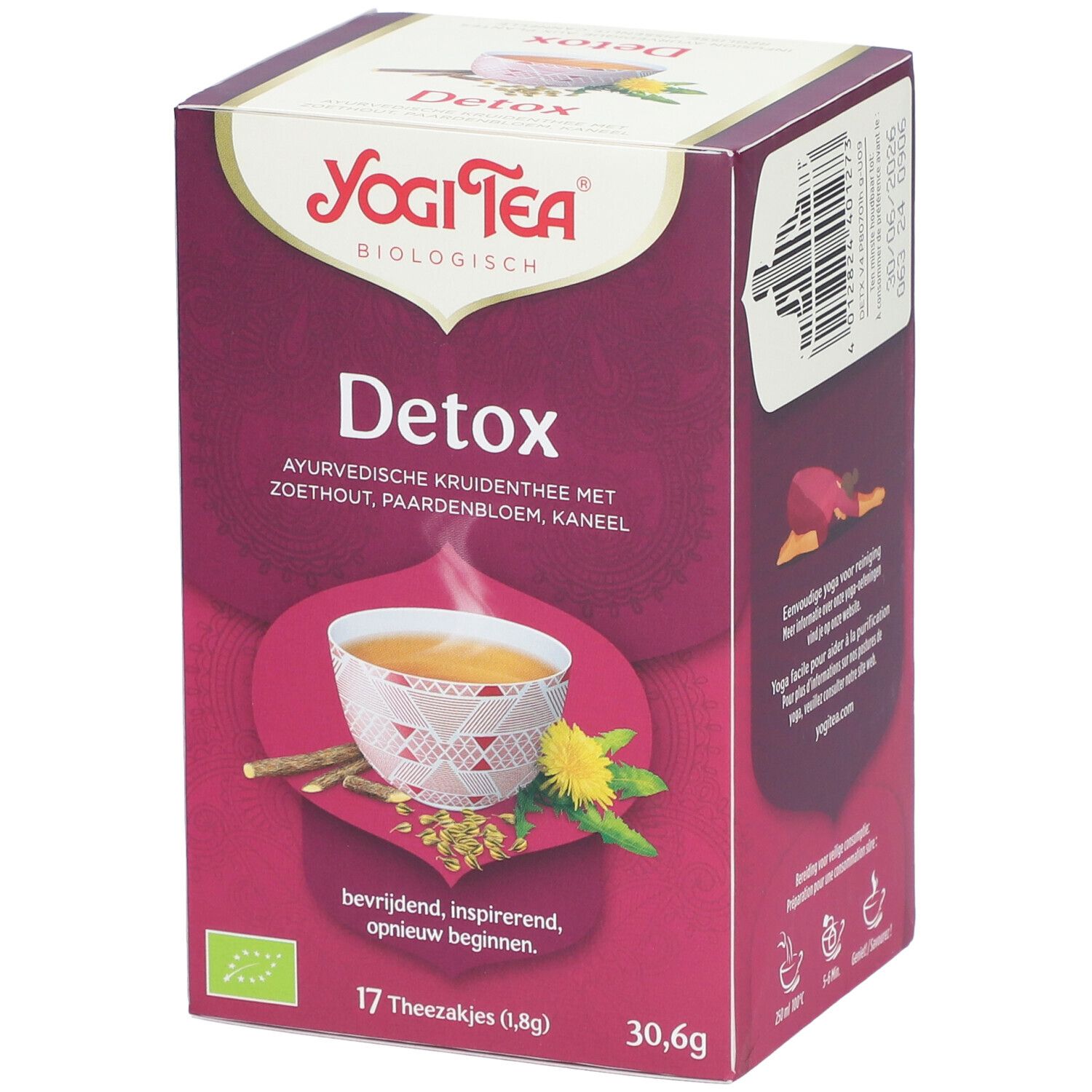 Boîte Yogi Tea® Detox. Inscription: Detox, 17 sachets, 30,6g. Illustration: tasse de thé, herbes, fleurs. Logo: label bio.