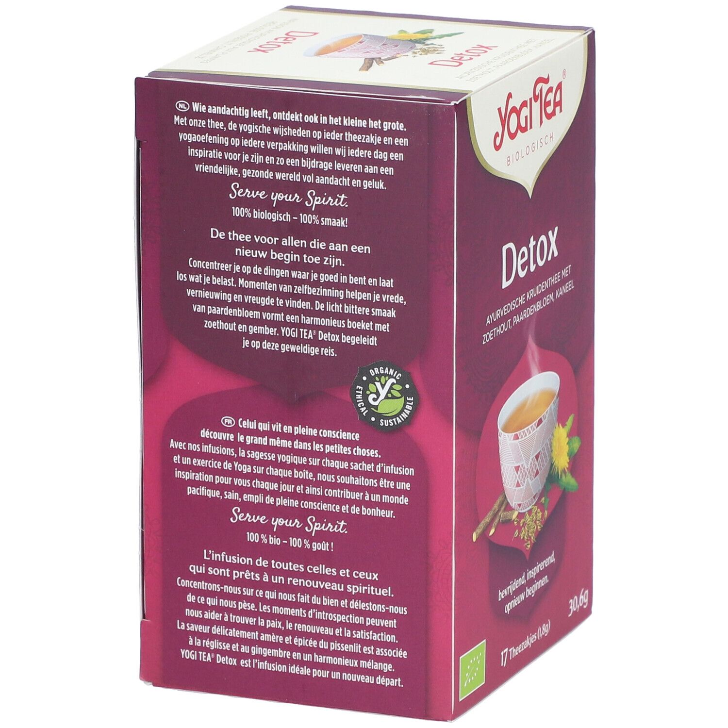 Dos de la boîte Yogi Tea® Detox. Inscription: Detox, texte, label bio. Illustration: tasse de thé. Logo: Yogi Tea®.
