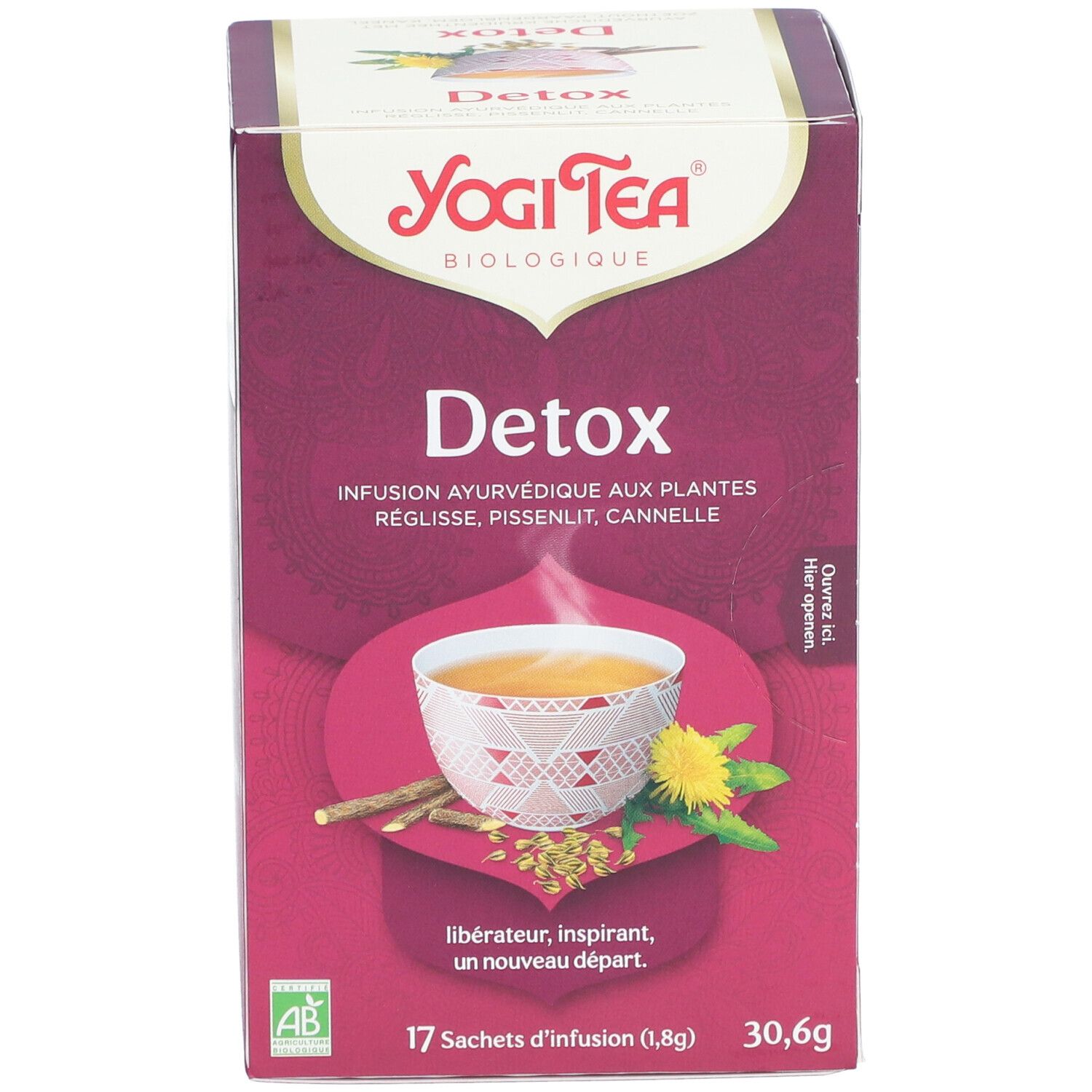 Boîte Yogi Tea® Detox. Inscription: Detox, 17 sachets, 30,6g. Illustration: tasse de thé, herbes, fleurs. Logo: AB-Bio.