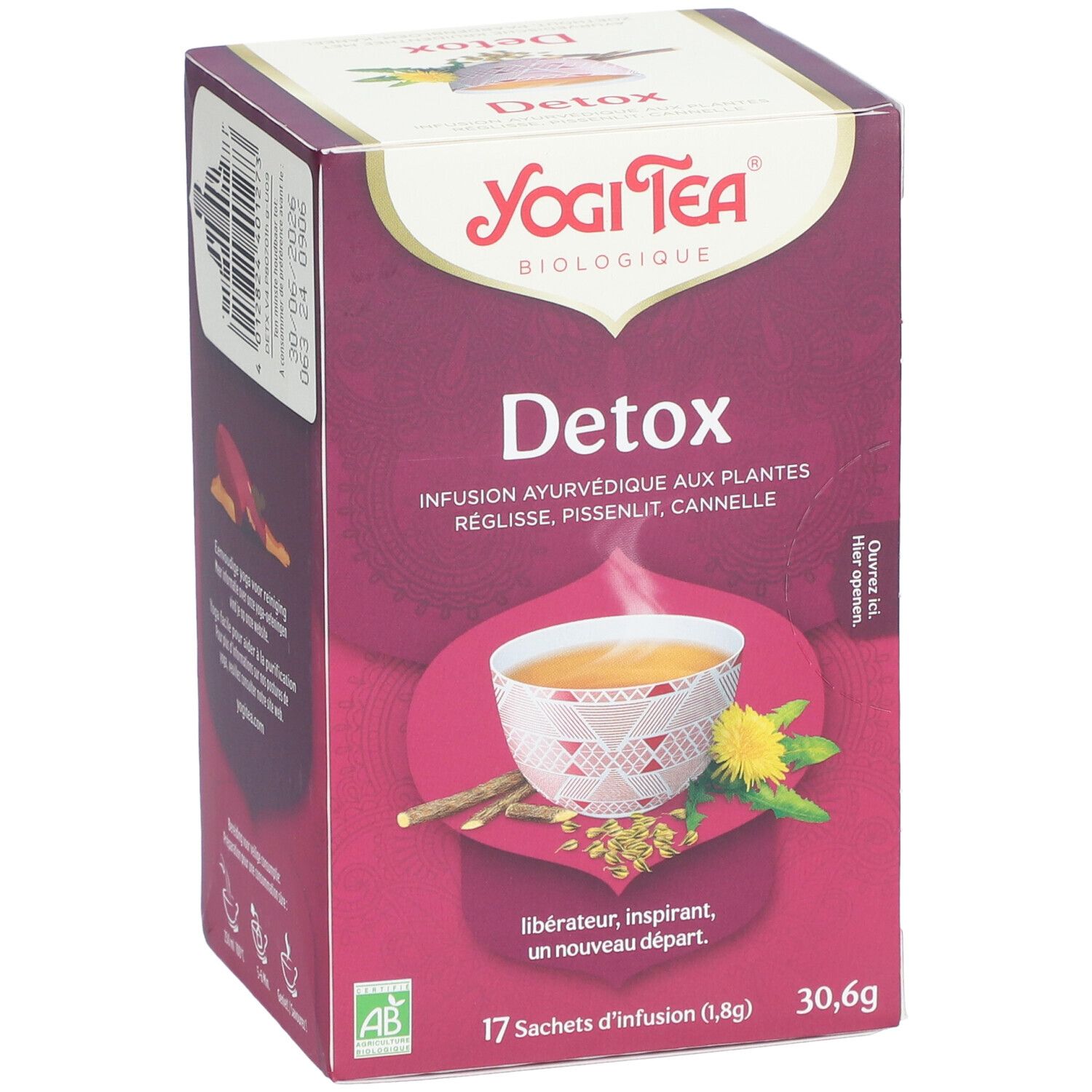 Boîte Yogi Tea® Detox. Inscription: Detox, 17 sachets, 30,6g. Illustration: tasse de thé, herbes, fleurs. Logo: AB-Bio.