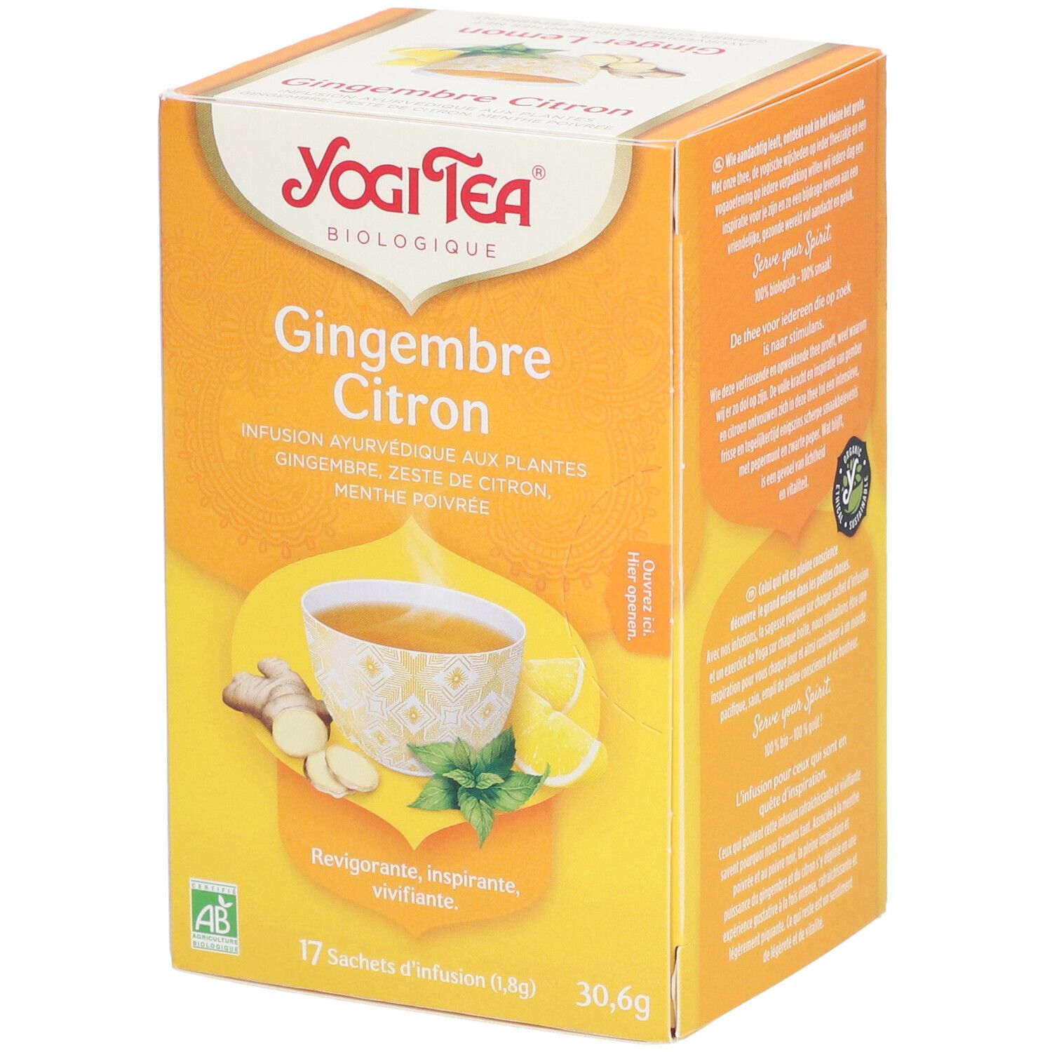 Boîte Yogi Tea® Gingembre Citron. Face avant avec nom du produit, illustration de thé, gingembre, citron et menthe. Label AB bio.