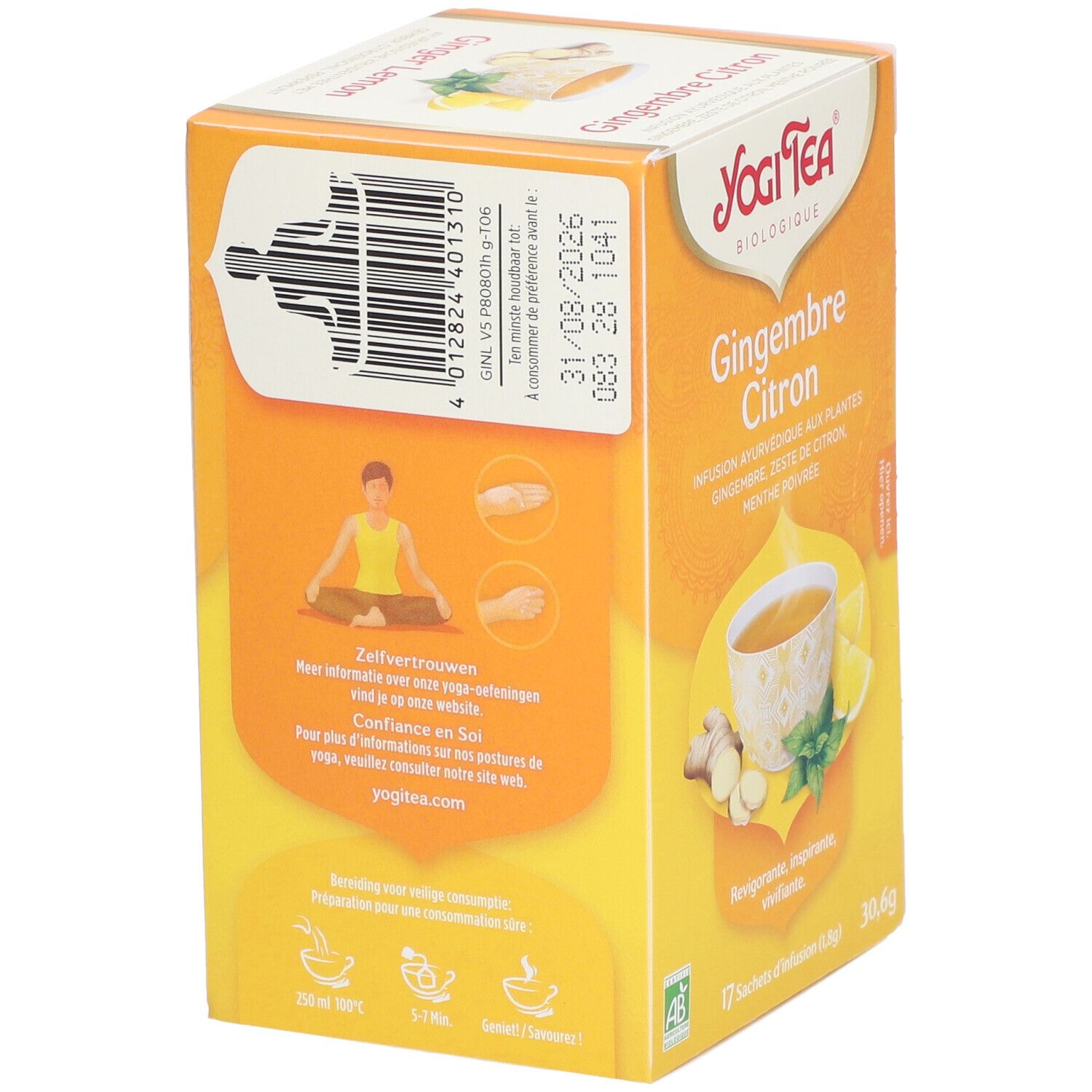 Boîte Yogi Tea® Gingembre Citron. Verso avec code-barres, texte et illustration. Impression : date de péremption 31/08/2026.