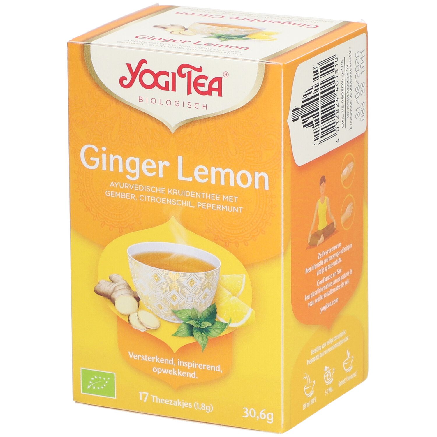 Boîte Yogi Tea® Ginger Lemon. Face avant avec nom du produit, illustration de thé, gingembre, citron et menthe. Label bio.