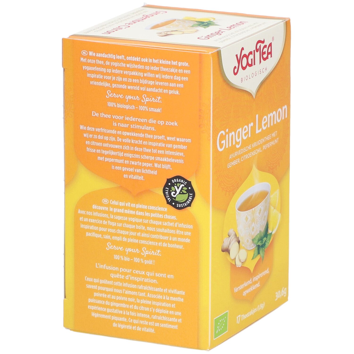 Boîte Yogi Tea® Ginger Lemon. Verso avec texte et illustration. Label bio et certification Halal.