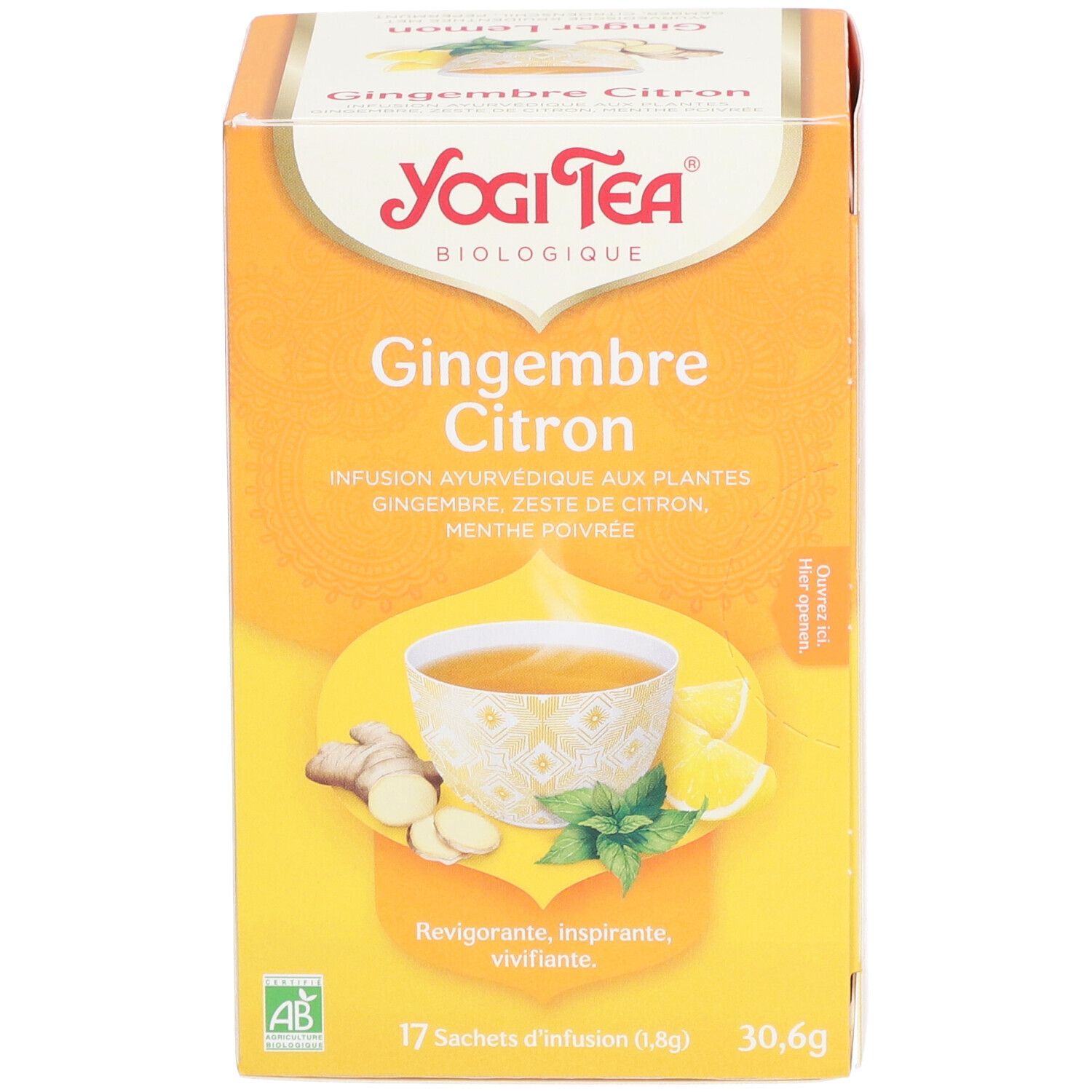 Boîte Yogi Tea® Gingembre Citron. Face avant avec nom du produit, illustration de thé, gingembre, citron et menthe. Label AB bio.