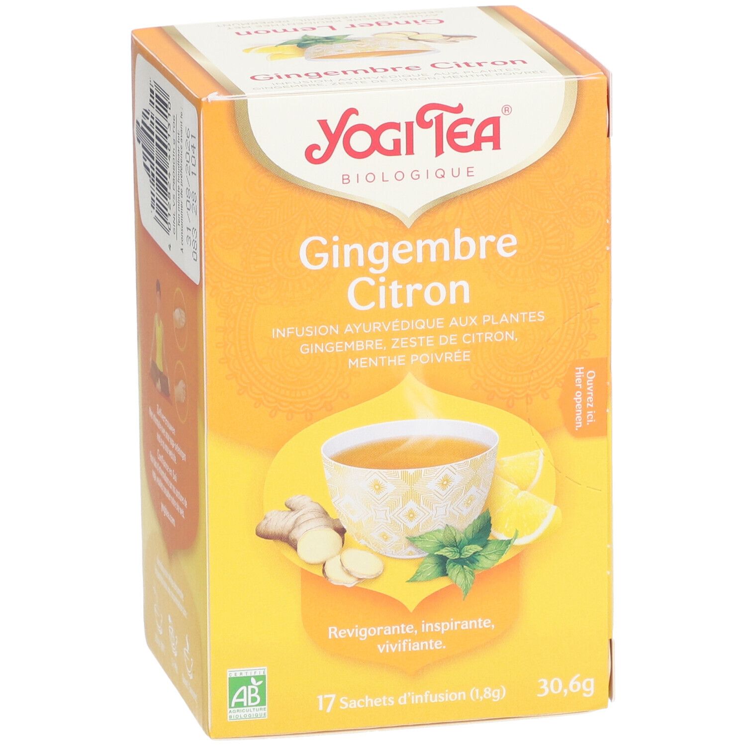 Boîte Yogi Tea® Gingembre Citron. Face avant avec nom du produit, illustration de thé, gingembre, citron et menthe. Label AB bio.