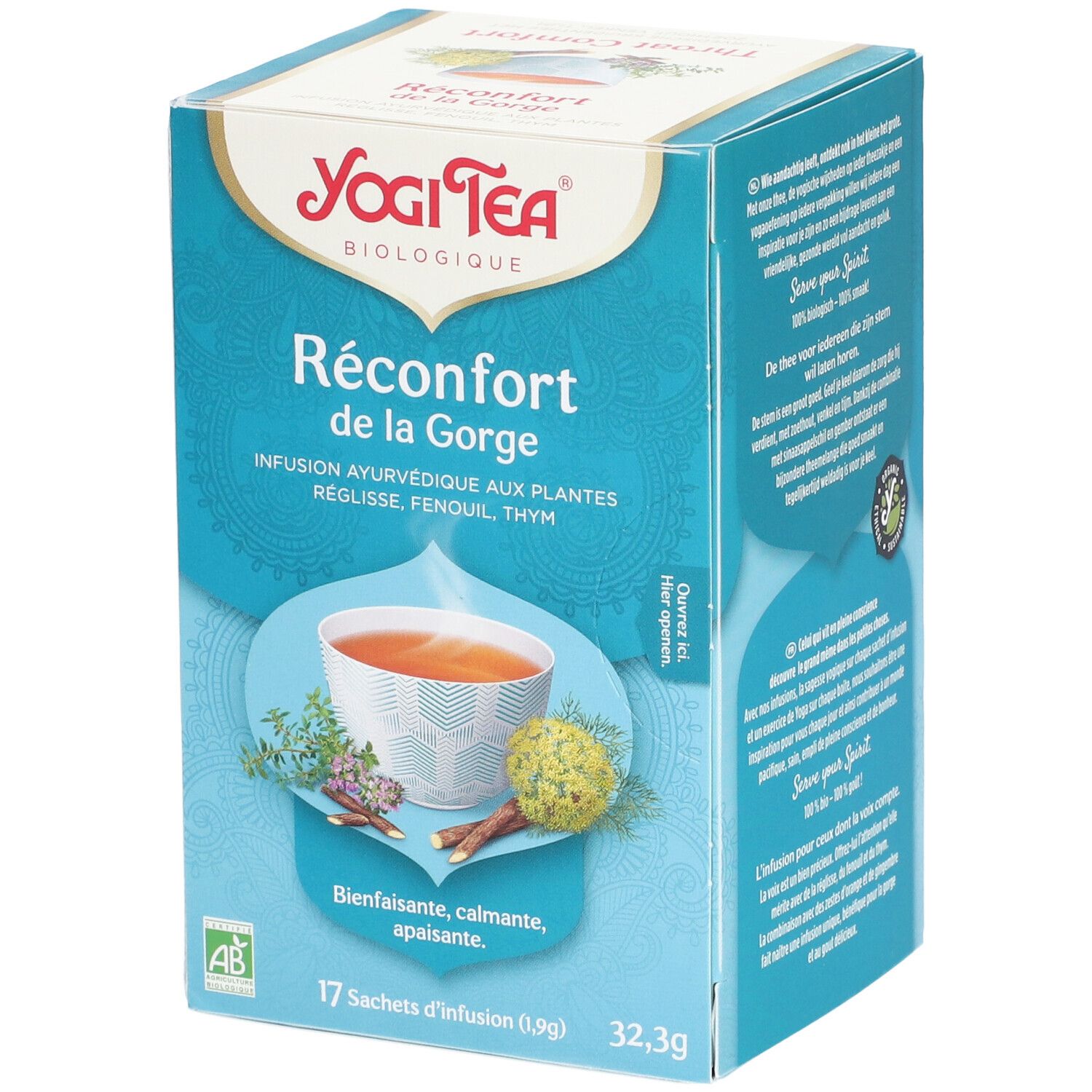 Boîte Yogi Tea® Réconfort de la Gorge. 17 sachets. Ingrédients: réglisse, fenouil, thym. Label AB.