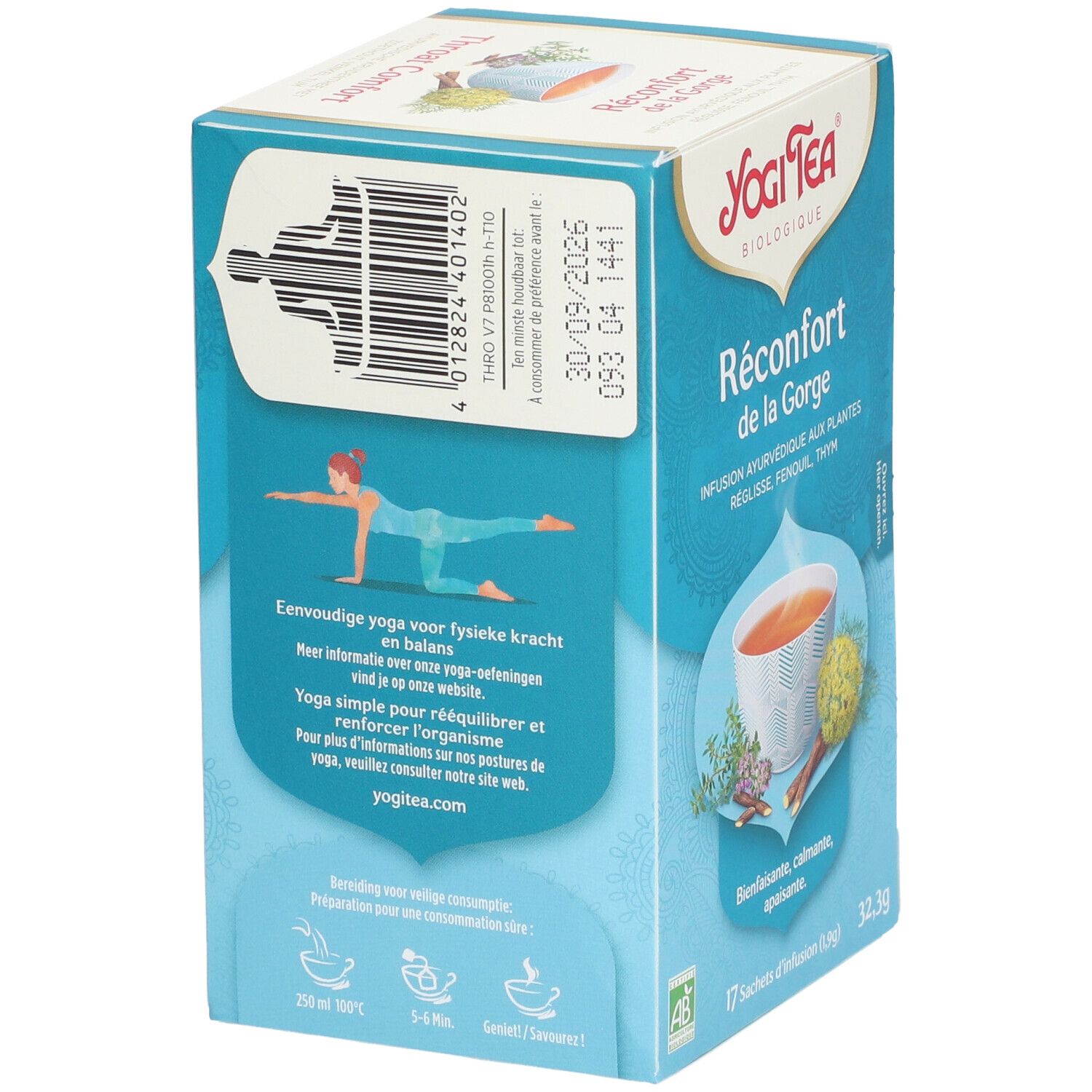 Boîte Yogi Tea® Réconfort de la Gorge. 17 sachets. Code-barres et illustration de yoga au dos.