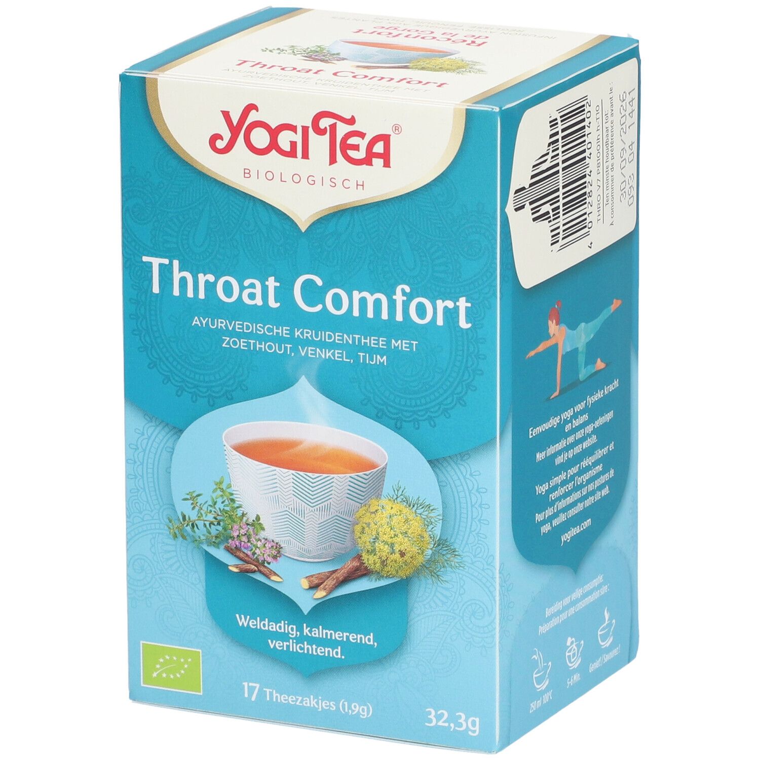 Boîte Yogi Tea® Throat Comfort. 17 sachets. Infusion ayurvédique. Label bio.