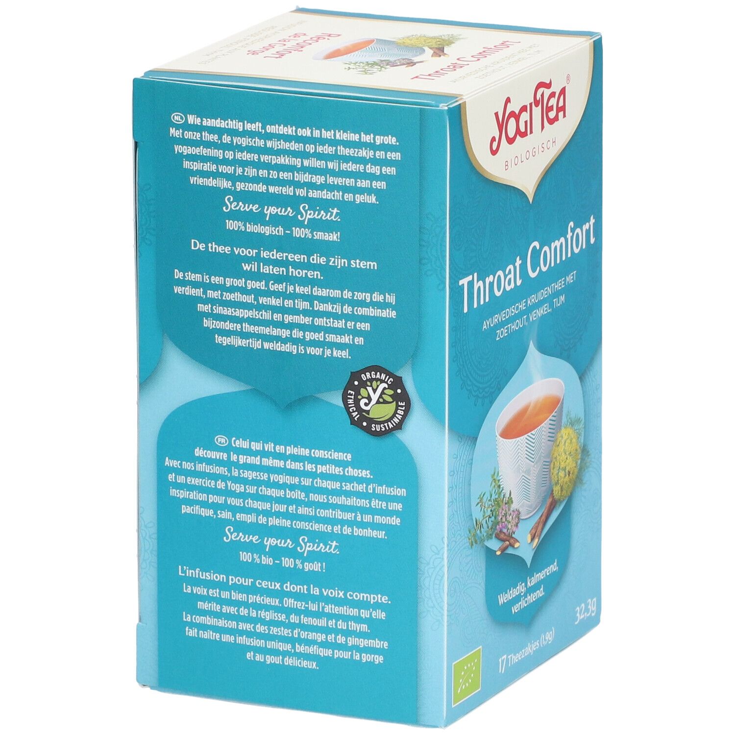 Boîte Yogi Tea® Throat Comfort. 17 sachets. Texte et illustration de yoga au dos.