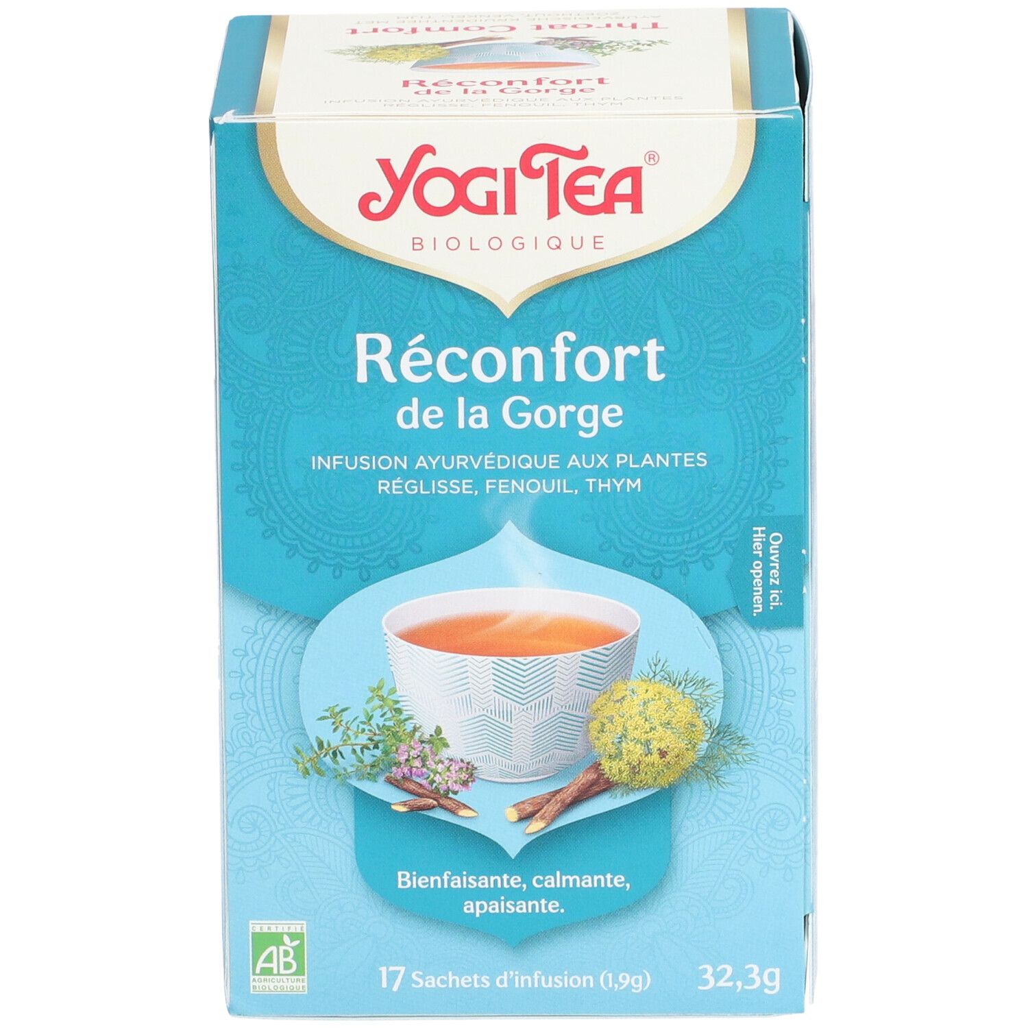 Boîte Yogi Tea® Réconfort de la Gorge. 17 sachets. Devant: herbes et tasse de thé.