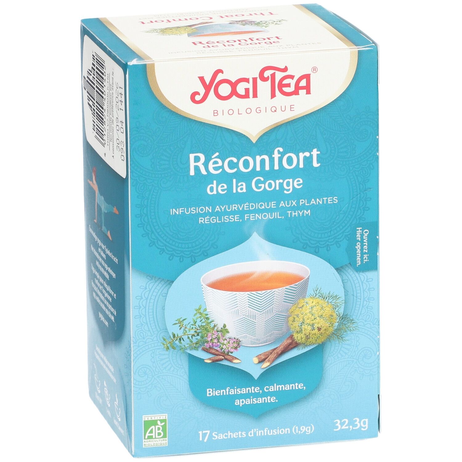 Boîte Yogi Tea® Réconfort de la Gorge. 17 sachets. Devant: herbes et tasse de thé.