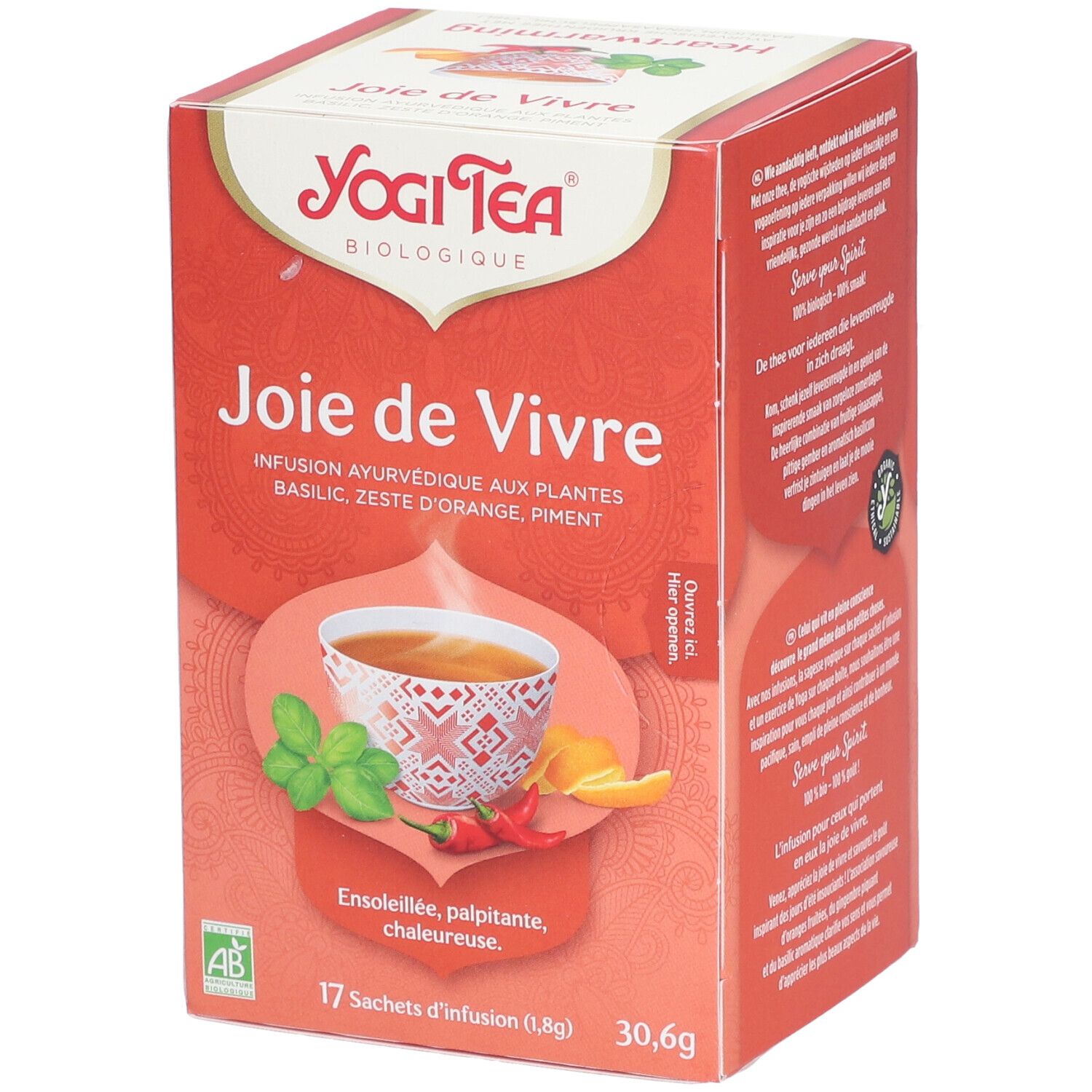 Yogi Tea®-Box. Aufdruck: Joie de Vivre, ayurvedische Kräutertee-Mischung. 17 Beutel, 30,6g. Mit Basilikum, Orangenschale, Pfeffer.