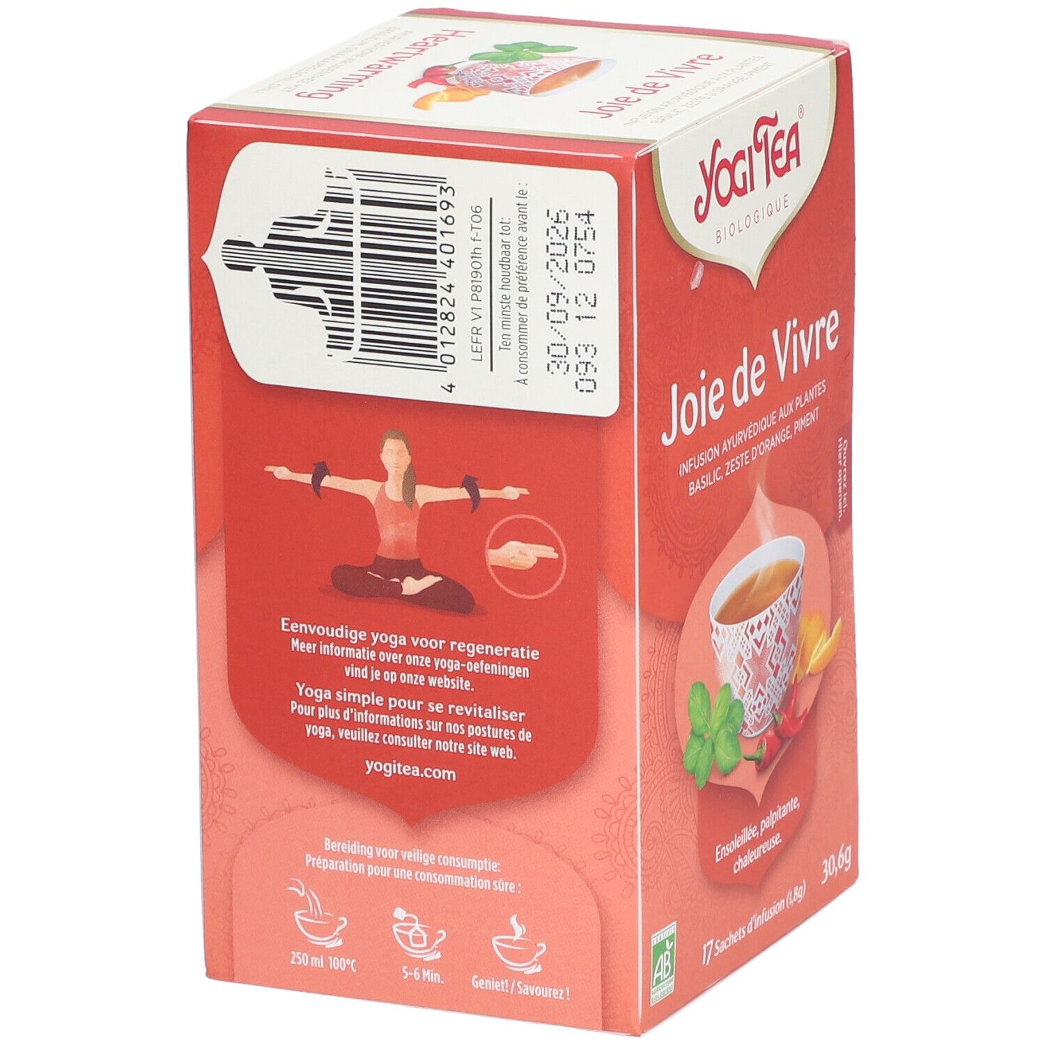 Rückseite der Yogi Tea®-Box. Text: « Joie de Vivre ». Yoga-Illustration. Barcode und Mindesthaltbarkeitsdatum.