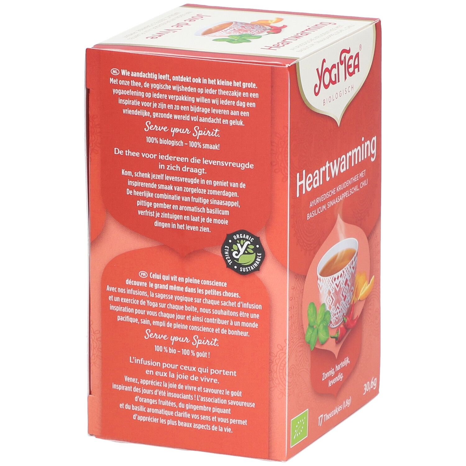Rückseite der Yogi Tea®-Box. Text: Heartwarming. Bio-Siegel. Yoga-Illustration. 17 Teebeutel.