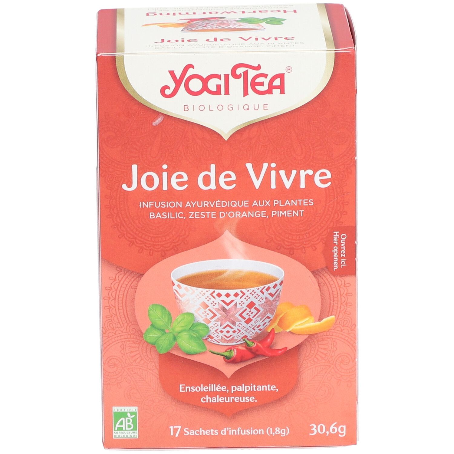 Yogi Tea®-Box. Aufdruck: Joie de Vivre, ayurvedische Kräutertee-Mischung. 17 Beutel, 30,6g. Mit Basilikum, Orangenschale, Pfeffer.