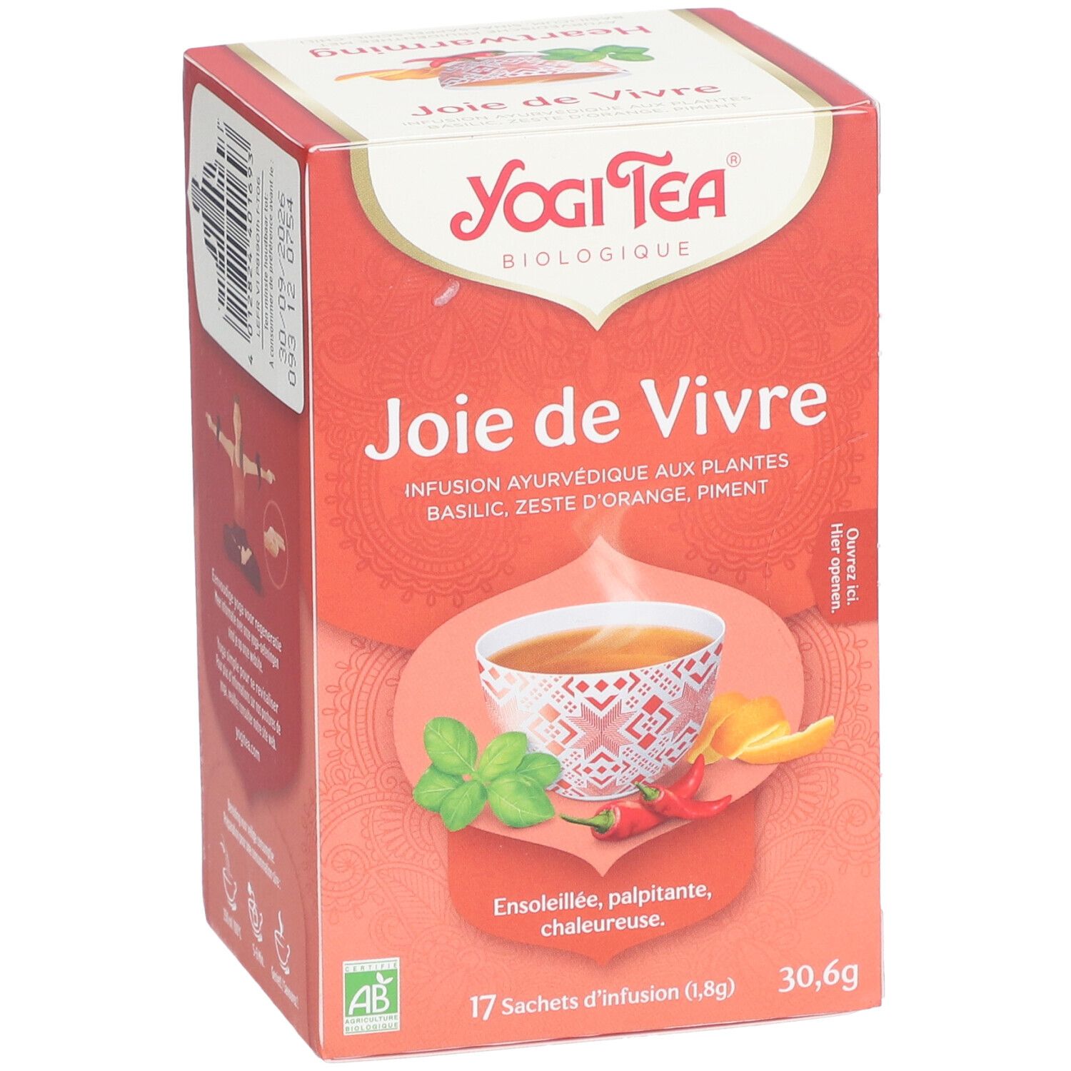 Yogi Tea®-Box. Aufdruck: Joie de Vivre, ayurvedische Kräutertee-Mischung. 17 Beutel, 30,6g. Mit Basilikum, Orangenschale, Pfeffer.