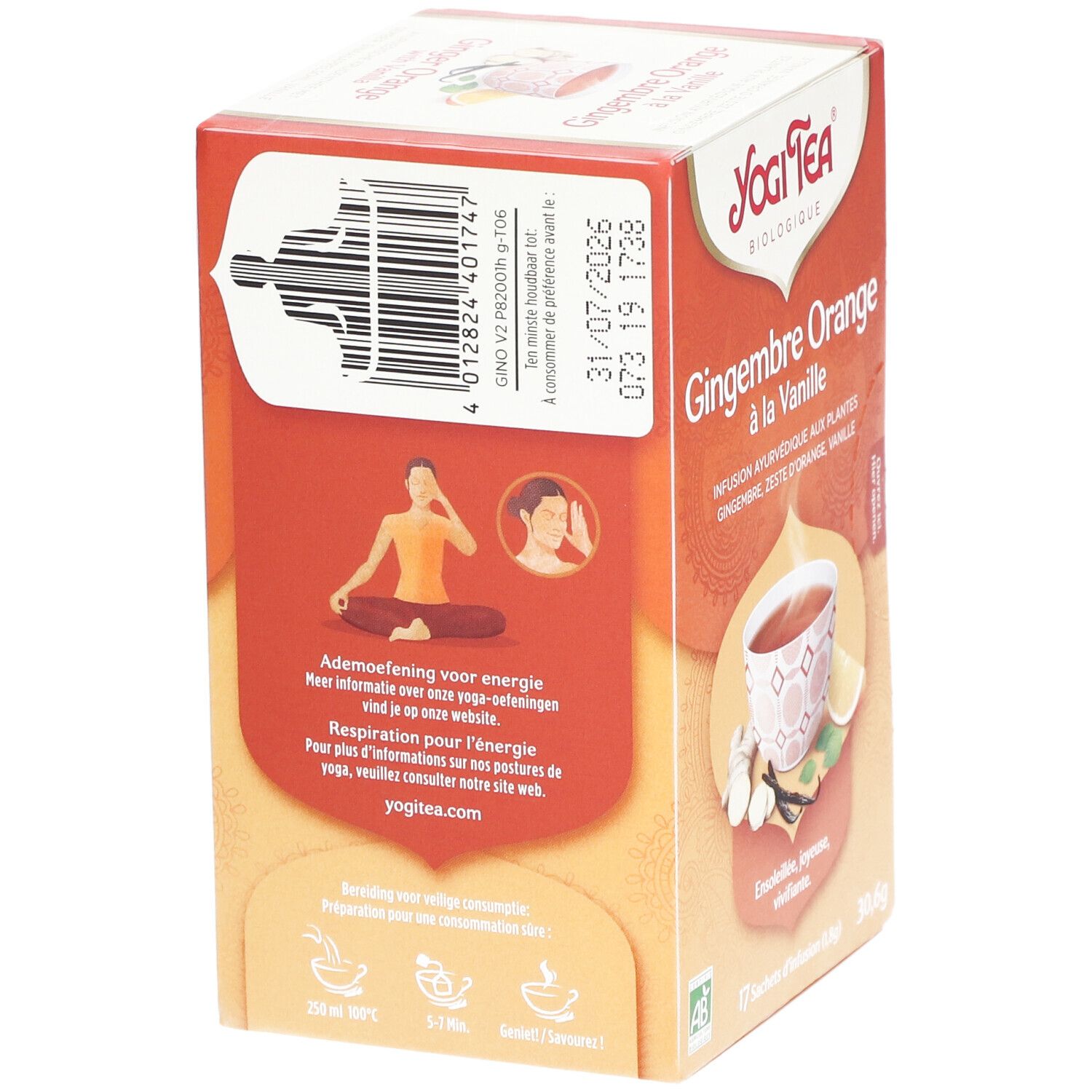 Dos de la boîte Yogi Tea® Gingembre Orange à la Vanille. Code-barres, date de péremption et illustration de yoga.