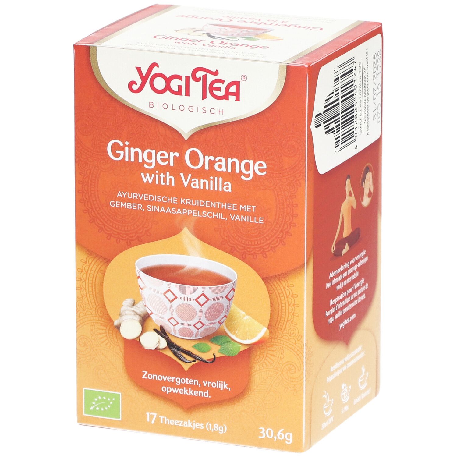Boîte de Yogi Tea® Gingembre Orange à la Vanille. Nom du produit, mélange de plantes ayurvédiques et label AB.