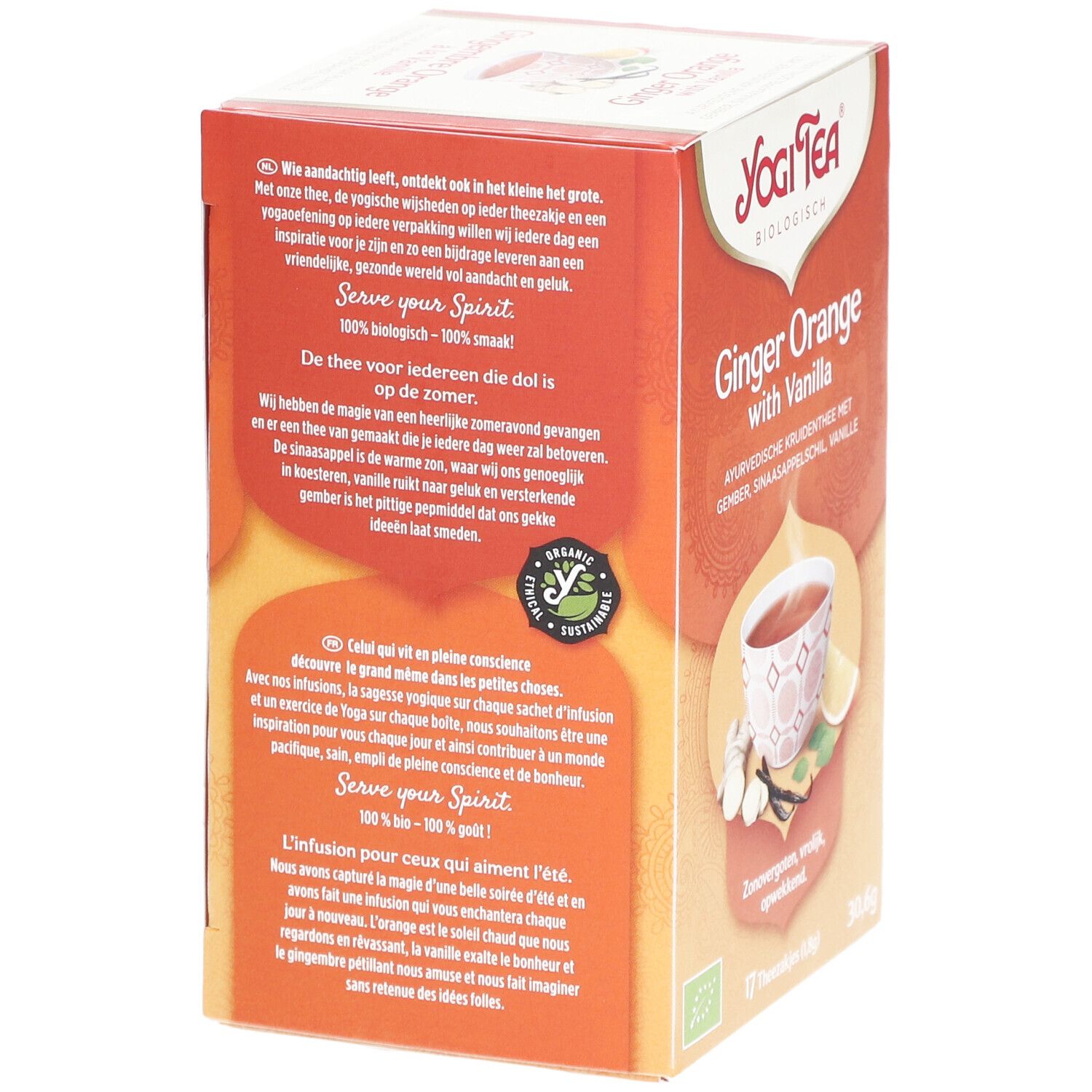 Dos de la boîte Yogi Tea® Gingembre Orange à la Vanille. Texte sur le thé, durabilité et label bio.