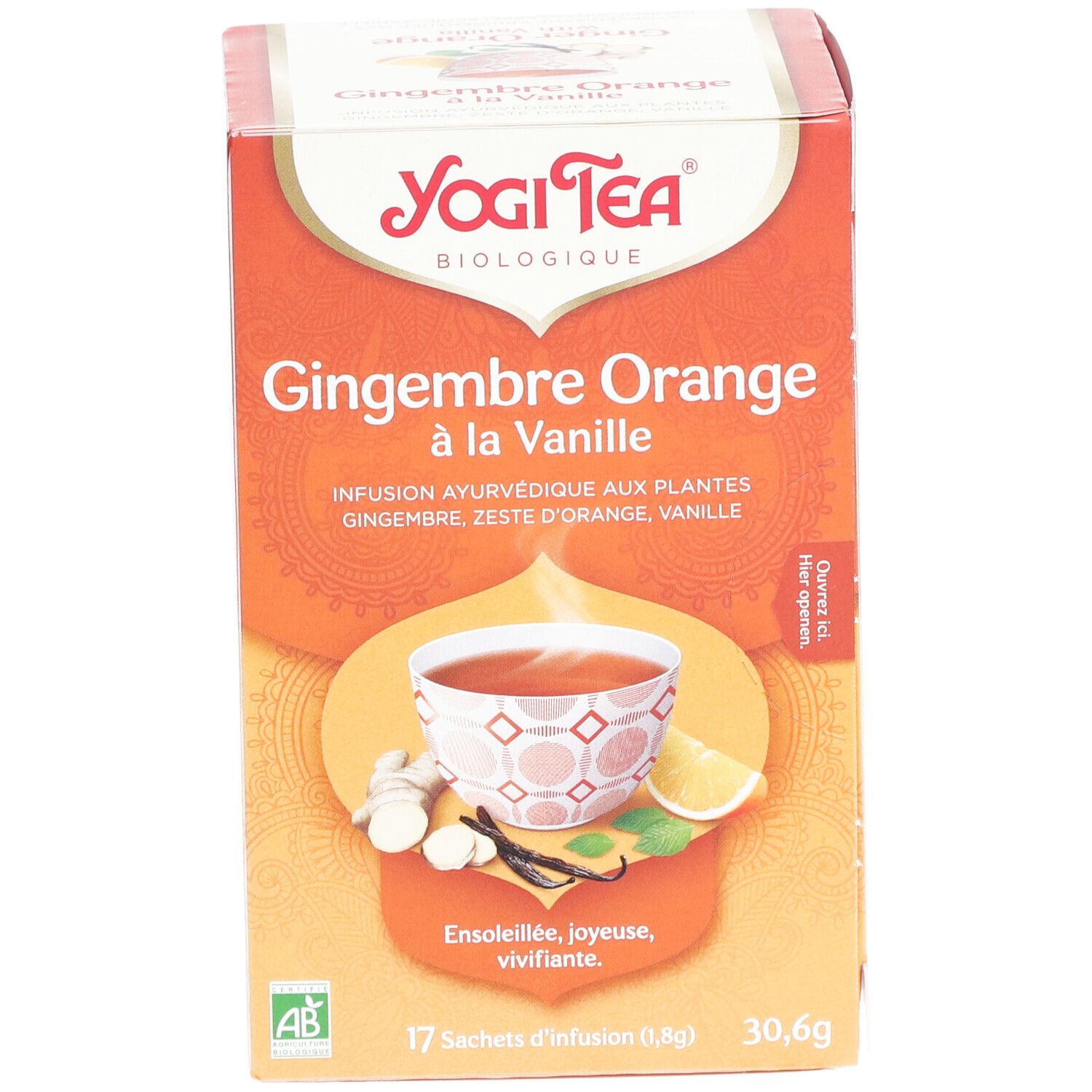 Boîte de Yogi Tea® Gingembre Orange à la Vanille. Nom du produit, illustration d'une tasse et label AB.