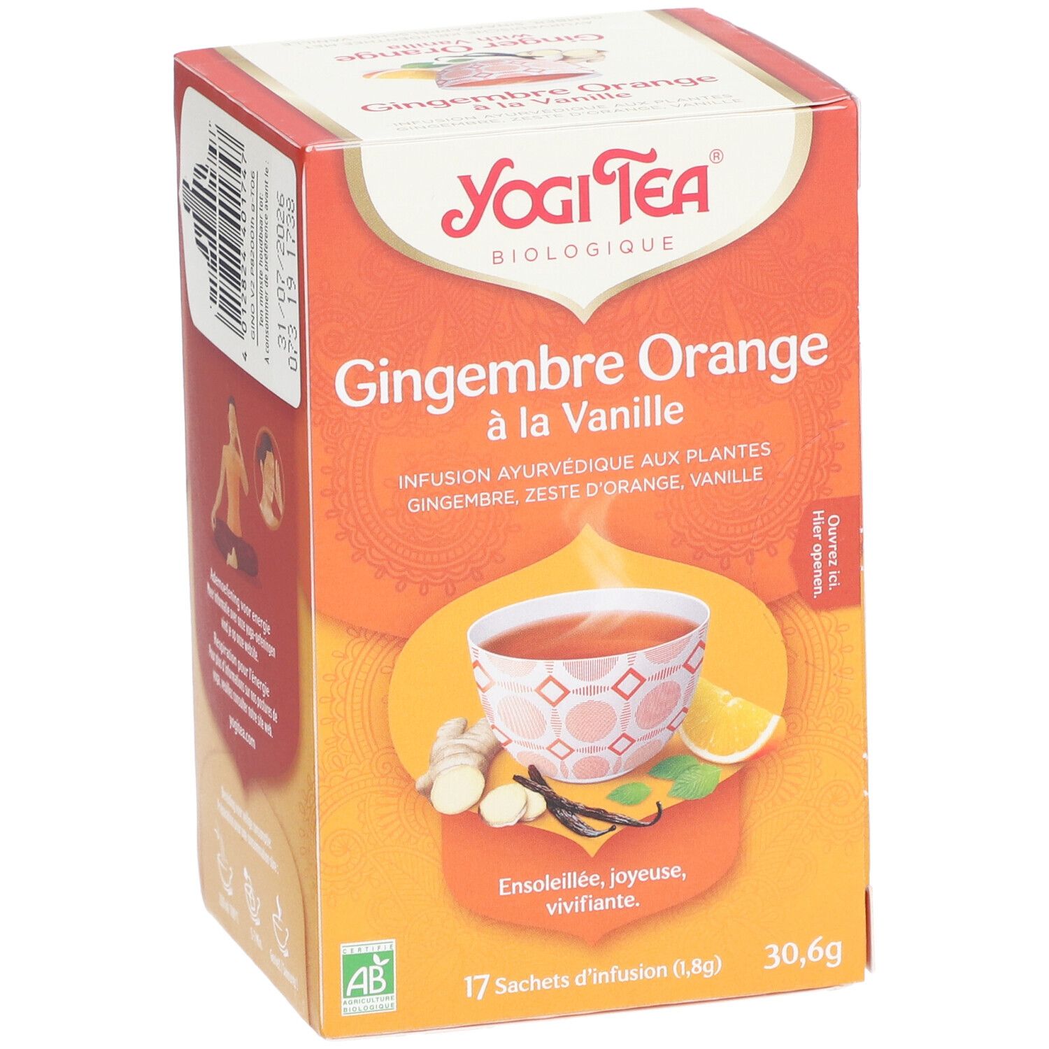 Boîte de Yogi Tea® Gingembre Orange à la Vanille. Nom du produit, illustration d'une tasse et label AB.
