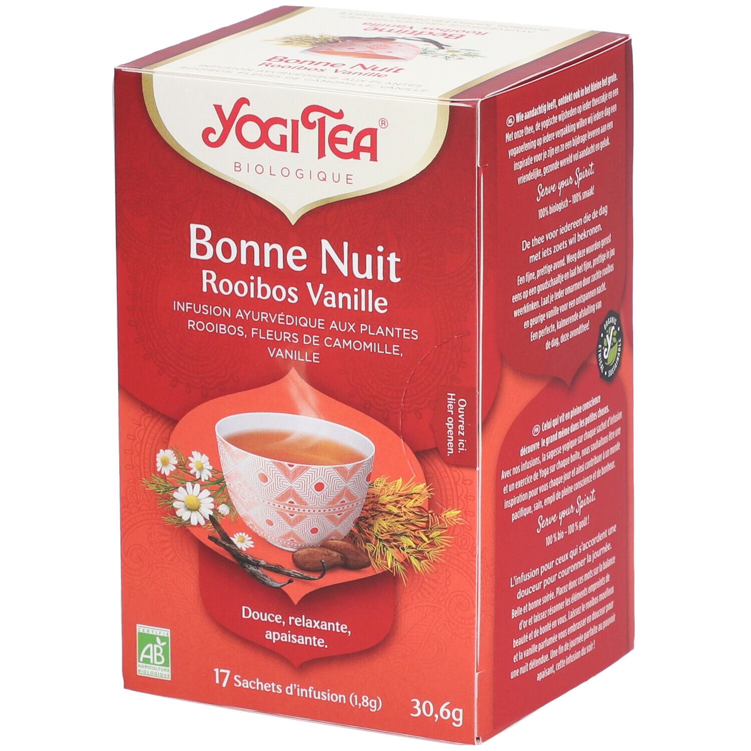 Rode Yogi Tea doos. Opschrift: Bonne Nuit Rooibos Vanille. 17 theezakjes. Biologisch keurmerk.