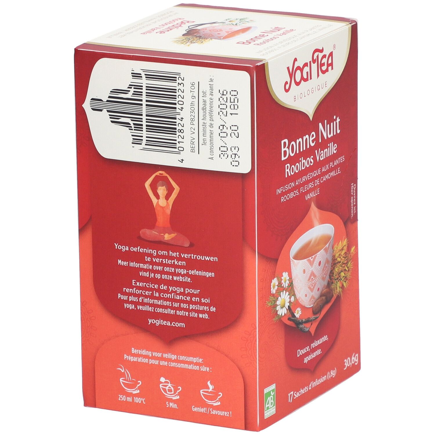 Achterkant van de Yogi Tea doos. Tekst en barcode. Illustratie van yoga. Biologisch keurmerk.