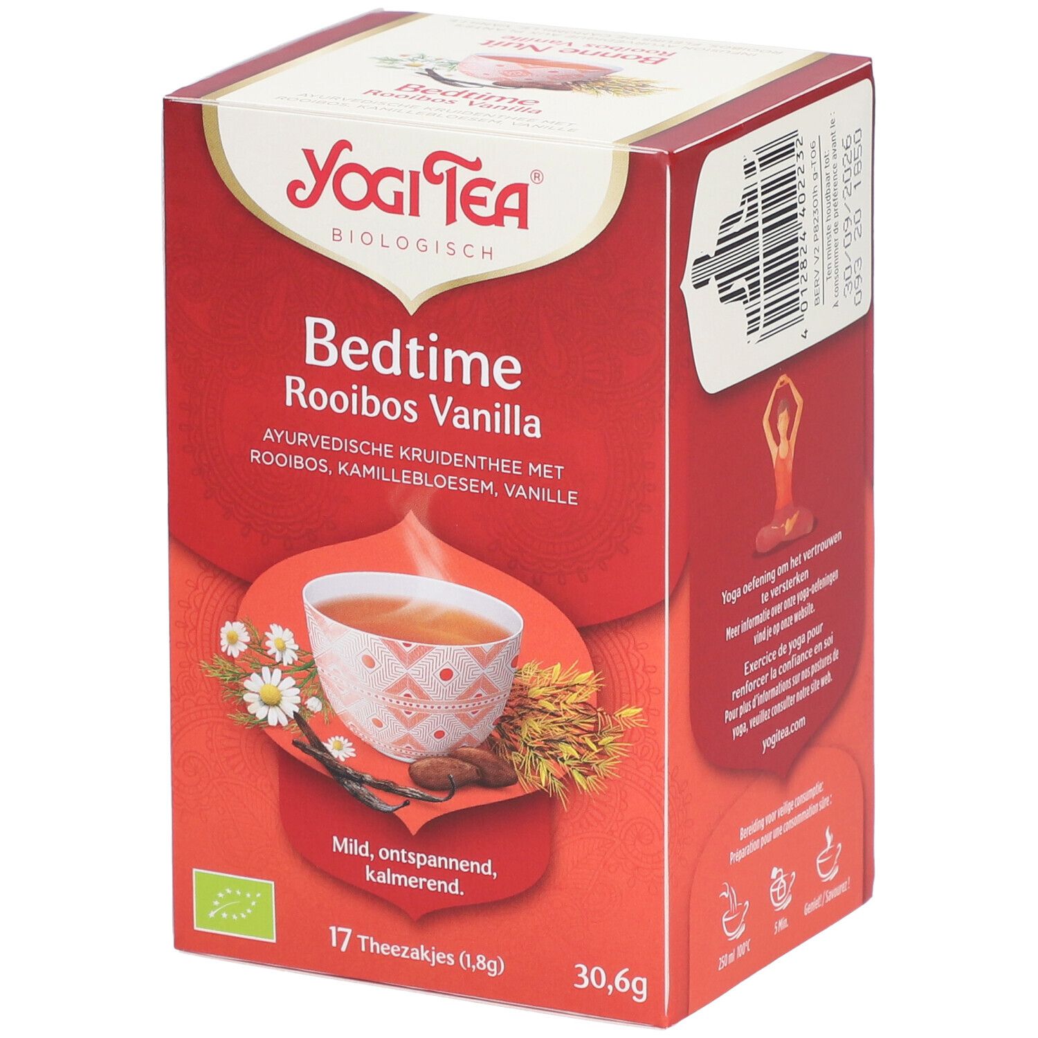 Rode Yogi Tea doos. Opschrift: Bedtime Rooibos Vanille. 17 theezakjes. Biologisch keurmerk.