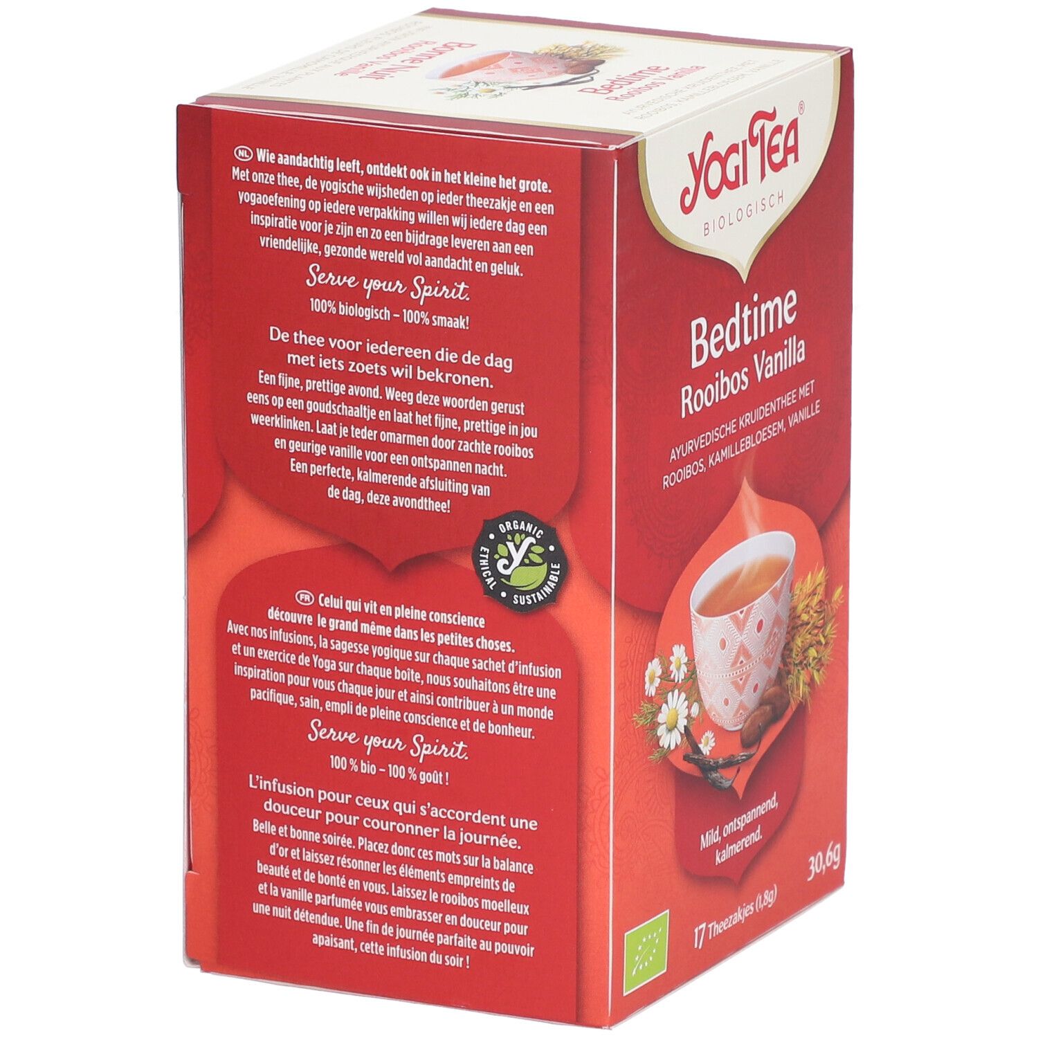 Achterkant van de Yogi Tea doos. Tekst en logo. Illustratie van yoga. Biologisch keurmerk.
