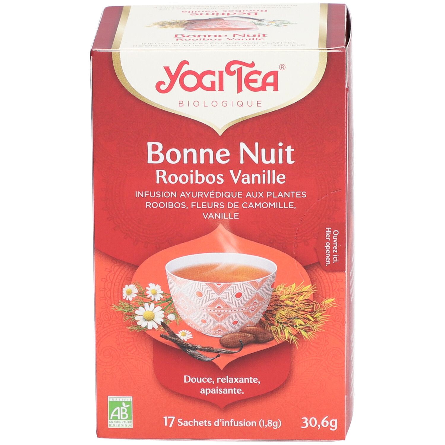 Rode Yogi Tea doos. Opschrift: Bonne Nuit Rooibos Vanille. 17 theezakjes. Biologisch keurmerk.