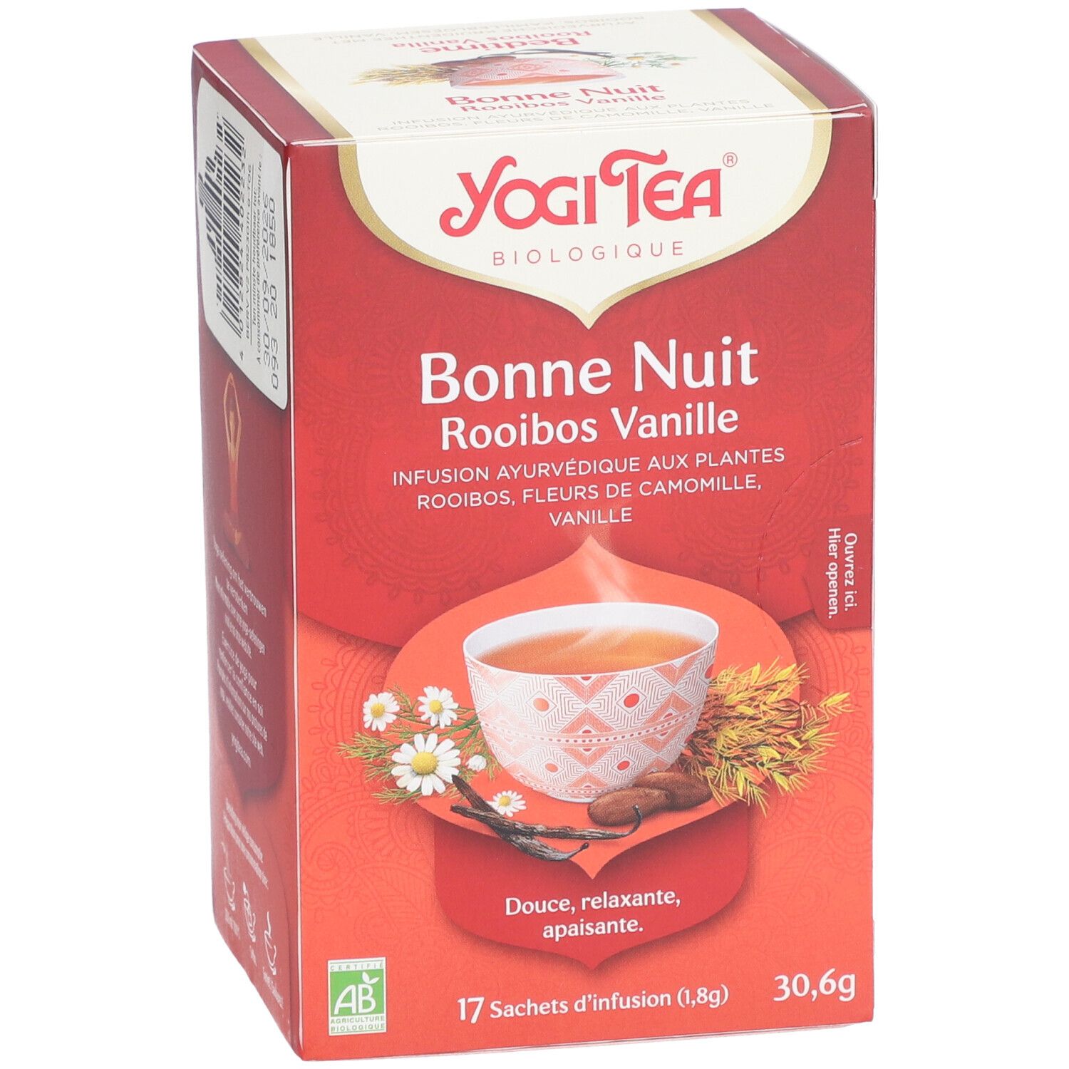 Rode Yogi Tea doos. Opschrift: Bonne Nuit Rooibos Vanille. 17 theezakjes. Biologisch keurmerk.