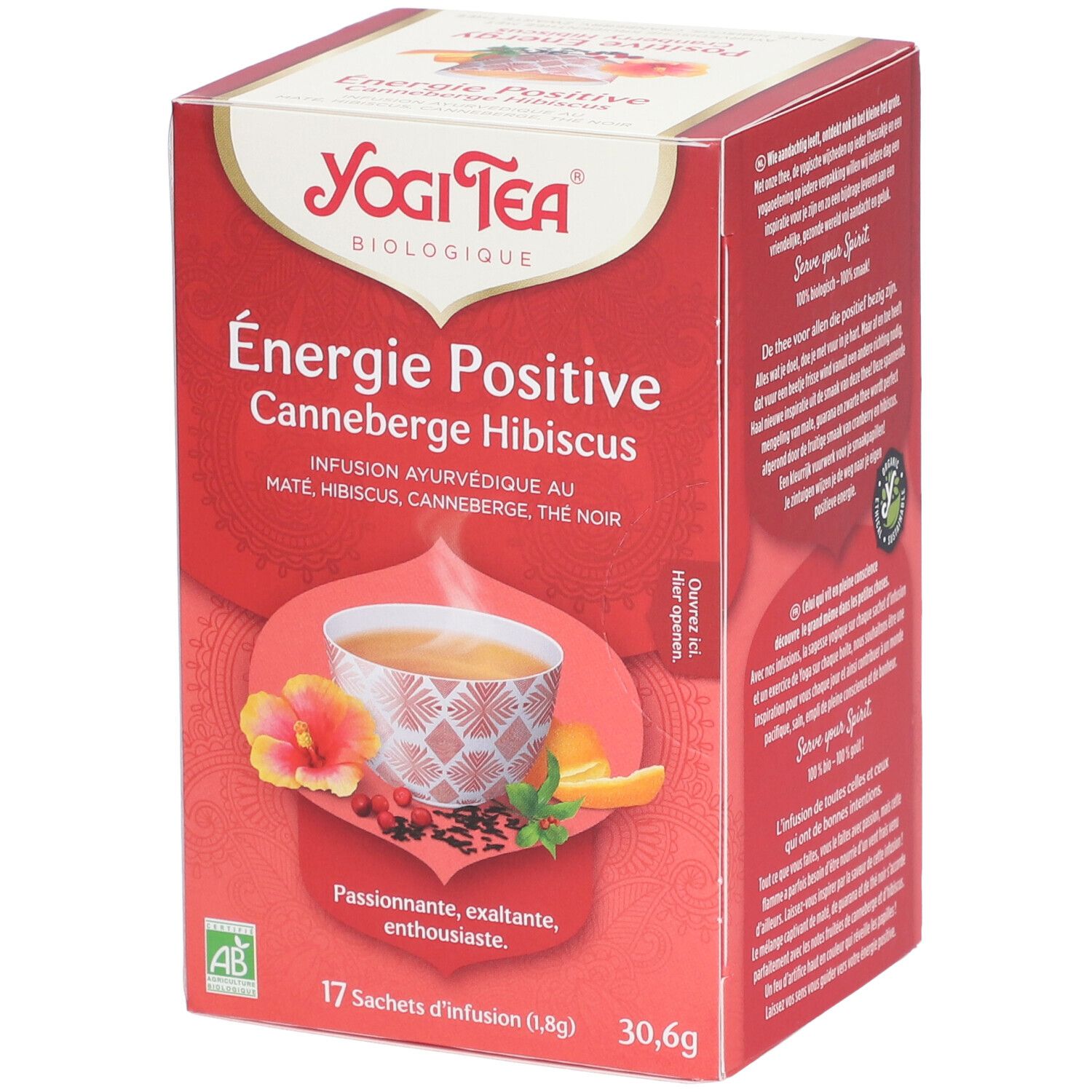 Rode verpakking Yogi Tea® Positive Energie. Opschrift: Énergie Positive, Canneberge Hibiscus. 17 zakjes, 30,6g. AB-keurmerk.