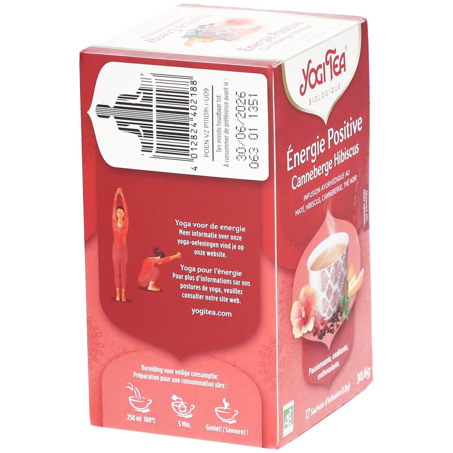Achterkant van de Yogi Tea® Positive Energie verpakking. Tekst en illustraties. Streepjescode en houdbaarheidsdatum. Yoga-illustraties.