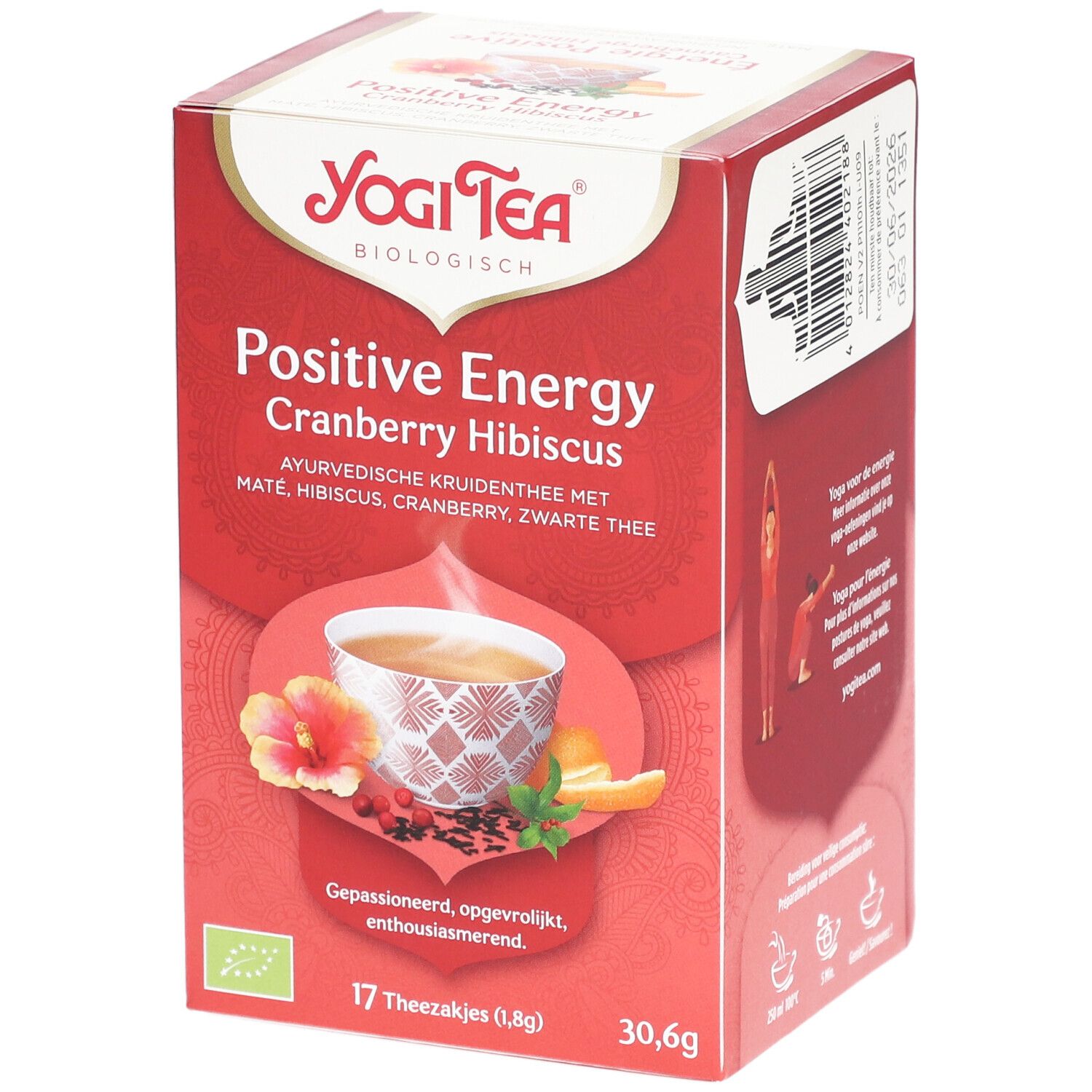 Rode verpakking Yogi Tea® Positive Energy Cranberry Hibiscus. 17 theezakjes, 30,6g. AB-keurmerk. Opschrift: Positive Energy.