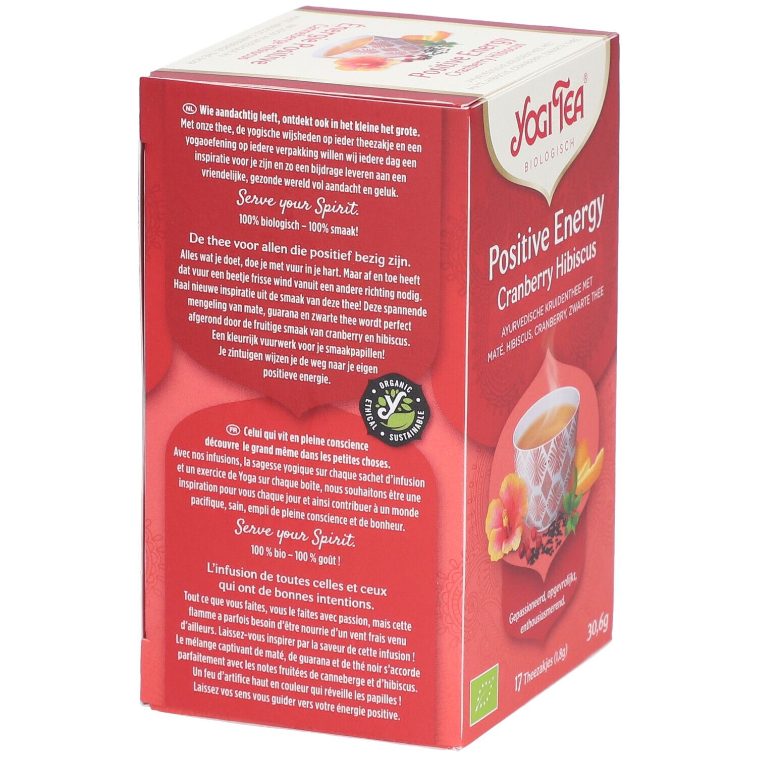 Achterkant van de Yogi Tea® Positive Energy verpakking. Tekst en illustraties. Biologische certificering. 100% biologisch label.