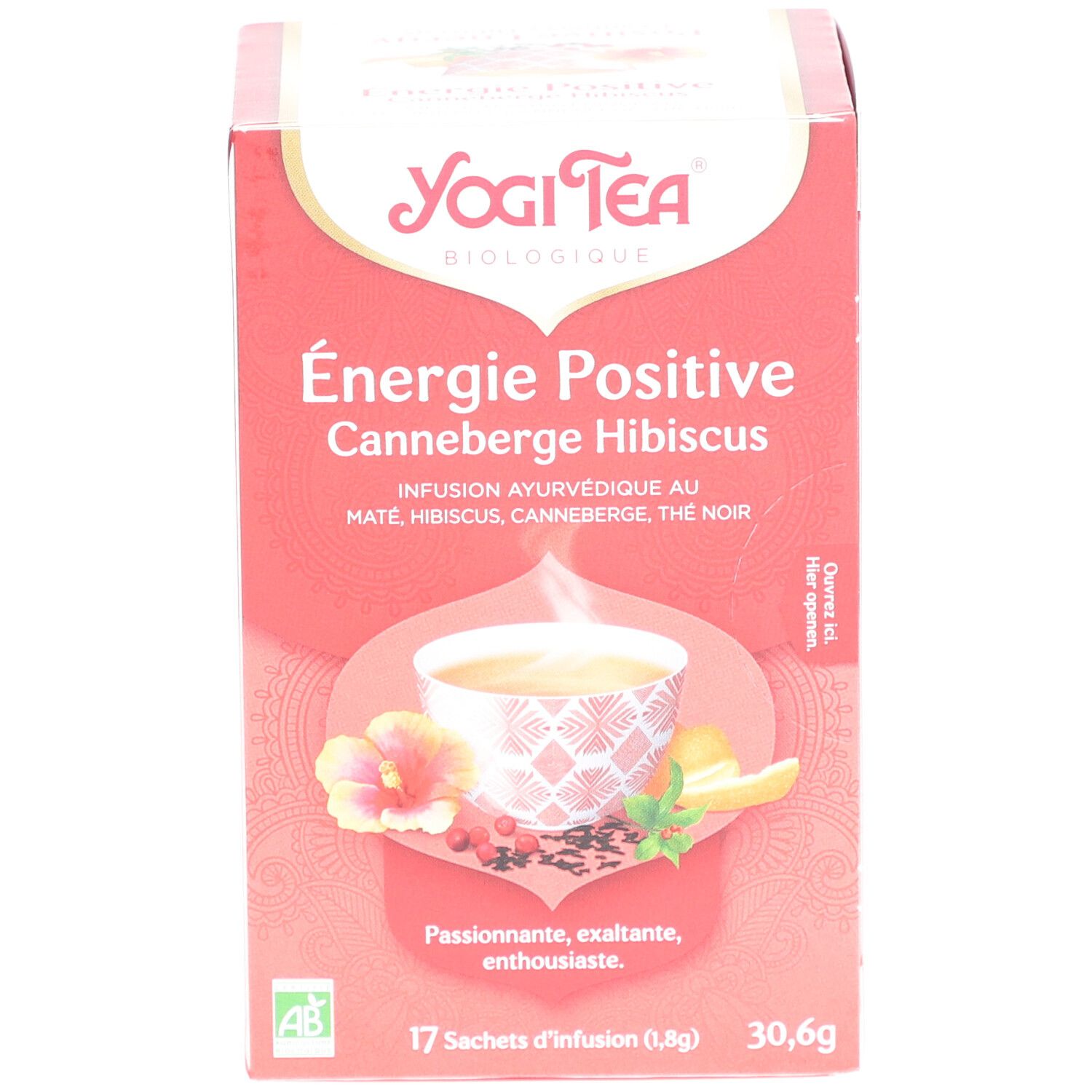 Rode verpakking Yogi Tea® Positive Energie. Opschrift: Énergie Positive, Canneberge Hibiscus. 17 zakjes, 30,6g. AB-keurmerk.