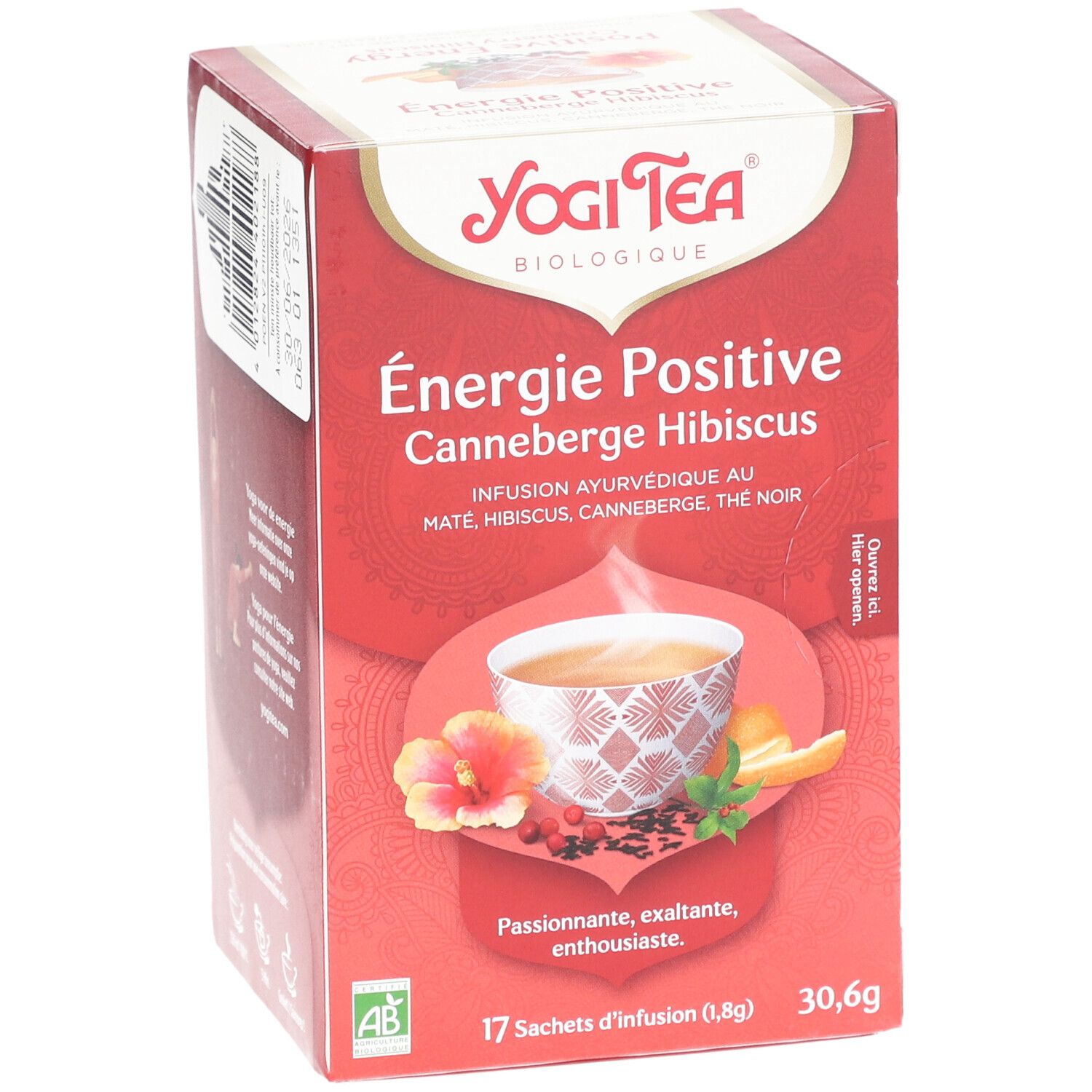 Rode verpakking Yogi Tea® Positive Energie. Opschrift: Énergie Positive, Canneberge Hibiscus. 17 zakjes, 30,6g. AB-keurmerk.