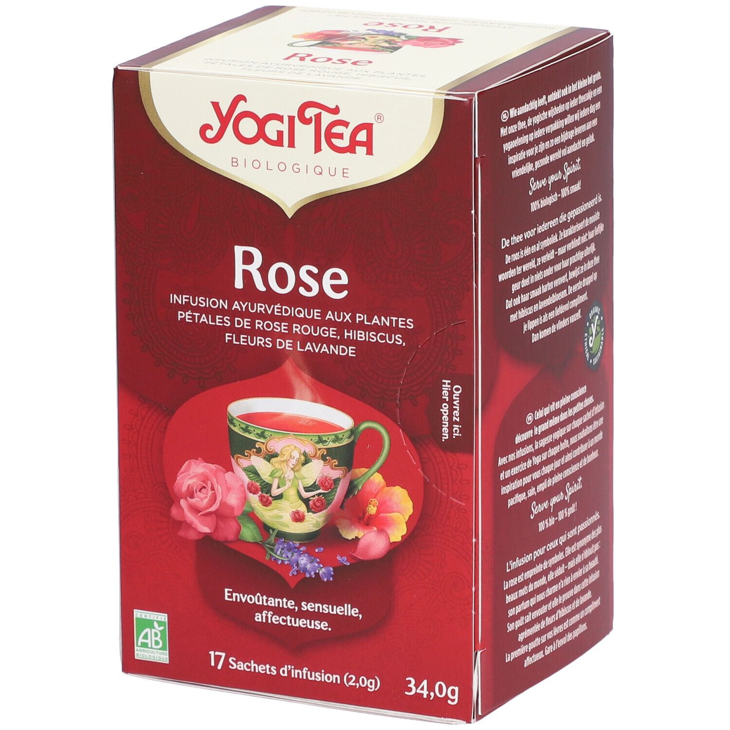 Yogi Tea® Rose-Verpackung. Rote Schachtel mit Produktnamen, floraler Illustration und 17 Teebeuteln. AB-Bio-Siegel.